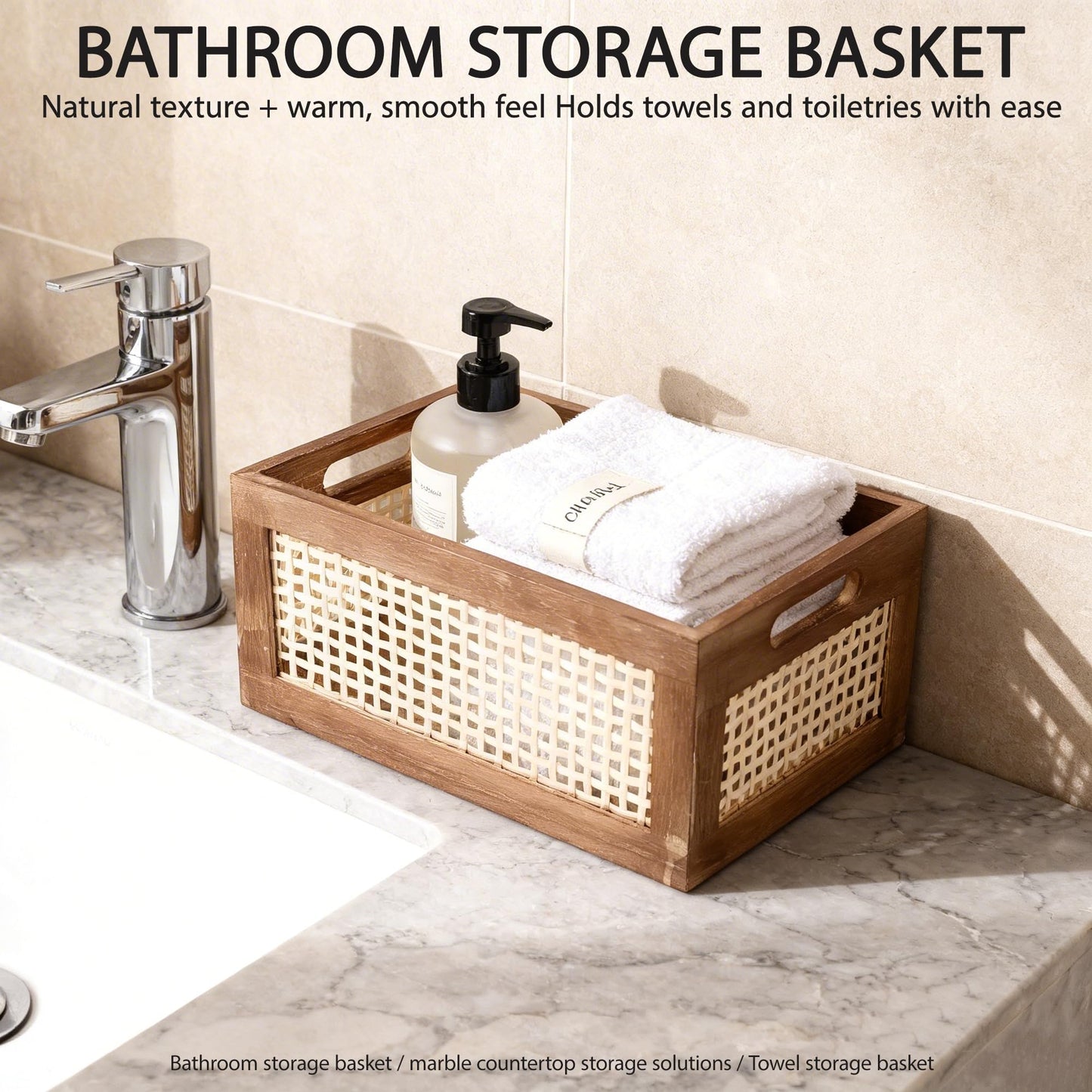 HODAKJUE Boho Wooden Storage Basket with Bamboo Woven Panel, Decorative Handle Organizer Bin for Shelves, Kitchen, Pantry, Closet & Countertop, 11.81 x 7.87 x 5.51 Inch