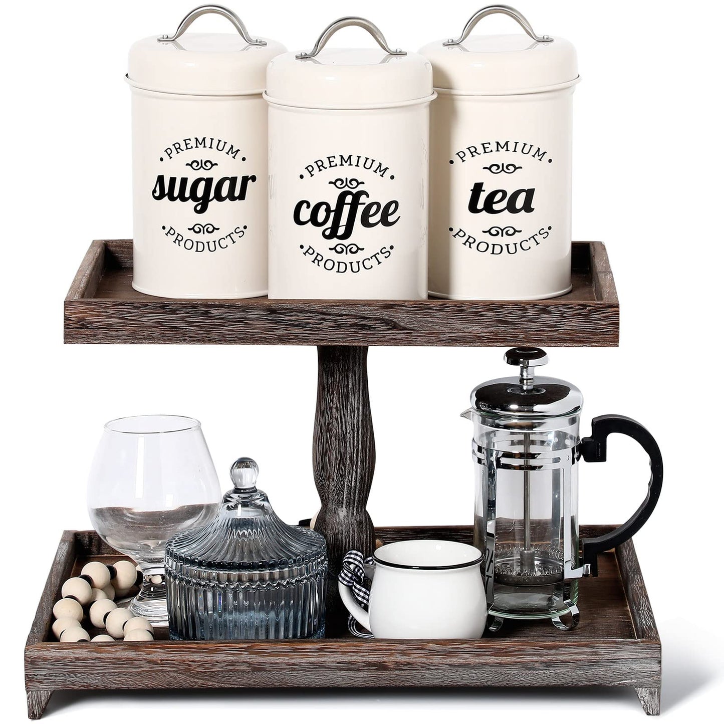 Yalikop Farmhouse Tiered Tray Stand - Wooden Rustic 2 Tier Rectangular Tray Serving Stand for House Kitchen Cake(Brown)