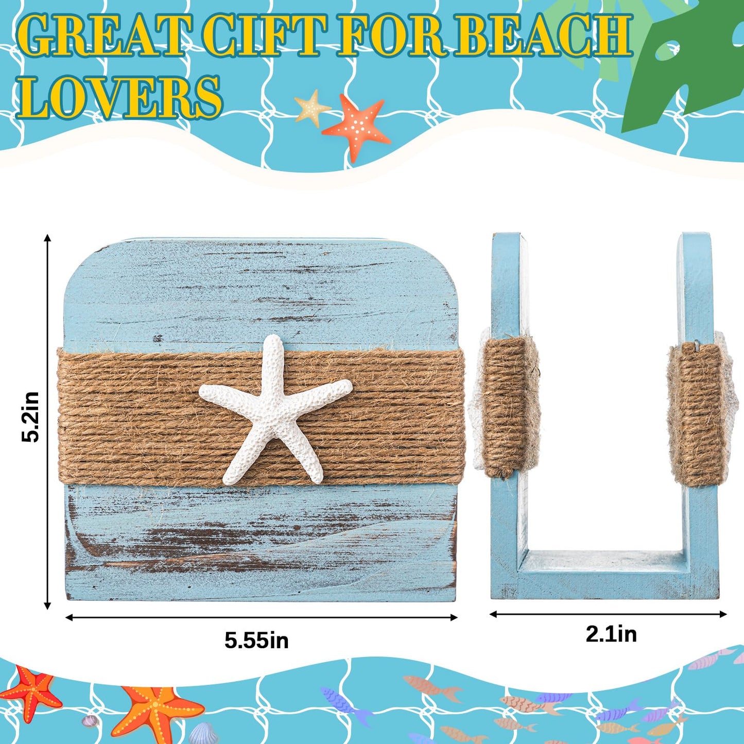 Fiwochic Natural Wooden Napkin Holder, Farmhouse Napkin Holders Upright Wooden Tissue Dispenser for Kitchen Dining Room Table Decor Indoor & Outdoor Use (Beach Style,Blue)