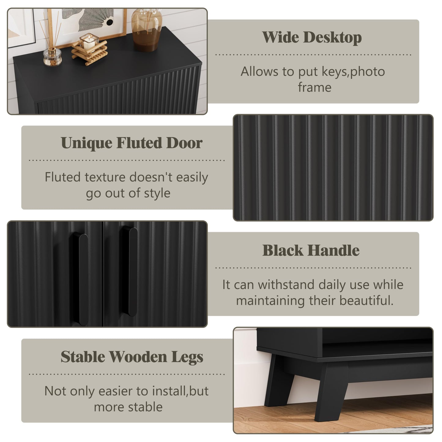 Shoe Cabinet Storage for Entryway, 5 Tier Fluted Shoe Storage Cabinet with Wooden Legs, Narrow Hidden Shoe Organizer with Adjustable Shelves, Freestanding Shoe Rack for Entryway, Hallway, Black