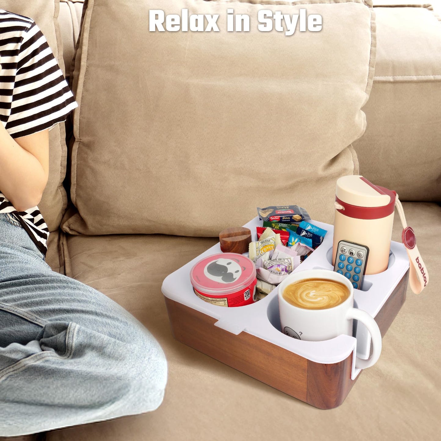 Couch Buddy Couch Cup Holder Tray, Real Acacia Wooden Caddy with Soft Silicone, Snack and Drink Organizer- Perfect Movie Night Accessories for Bed, Remote and Cup Holders for Sofa (White)