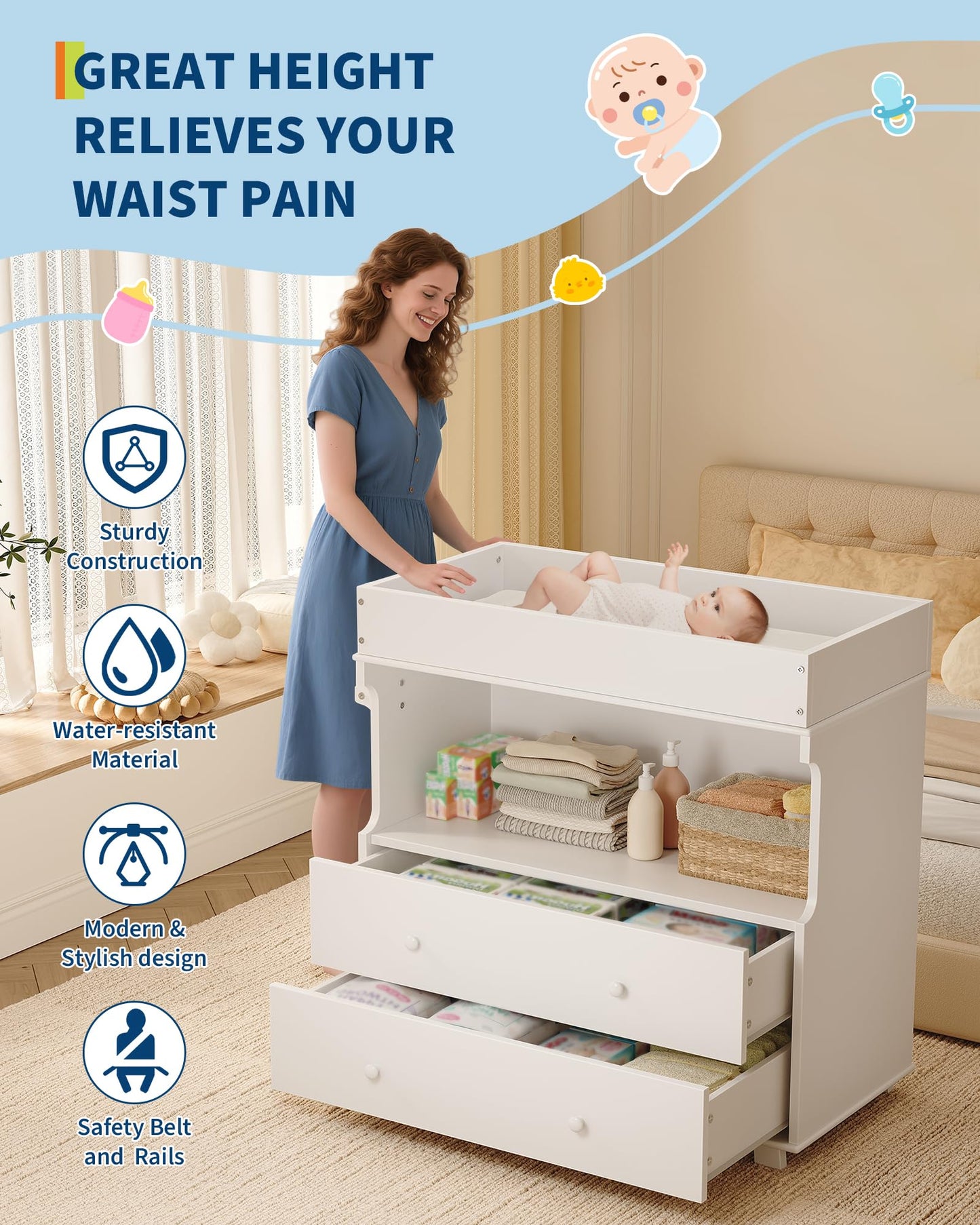 Garvee Baby Changing Table with Drawer and Storage Shelves, Heavy Duty Diaper Station for Nursery, White Wooden Changing Table with Safety Rails for Newborns