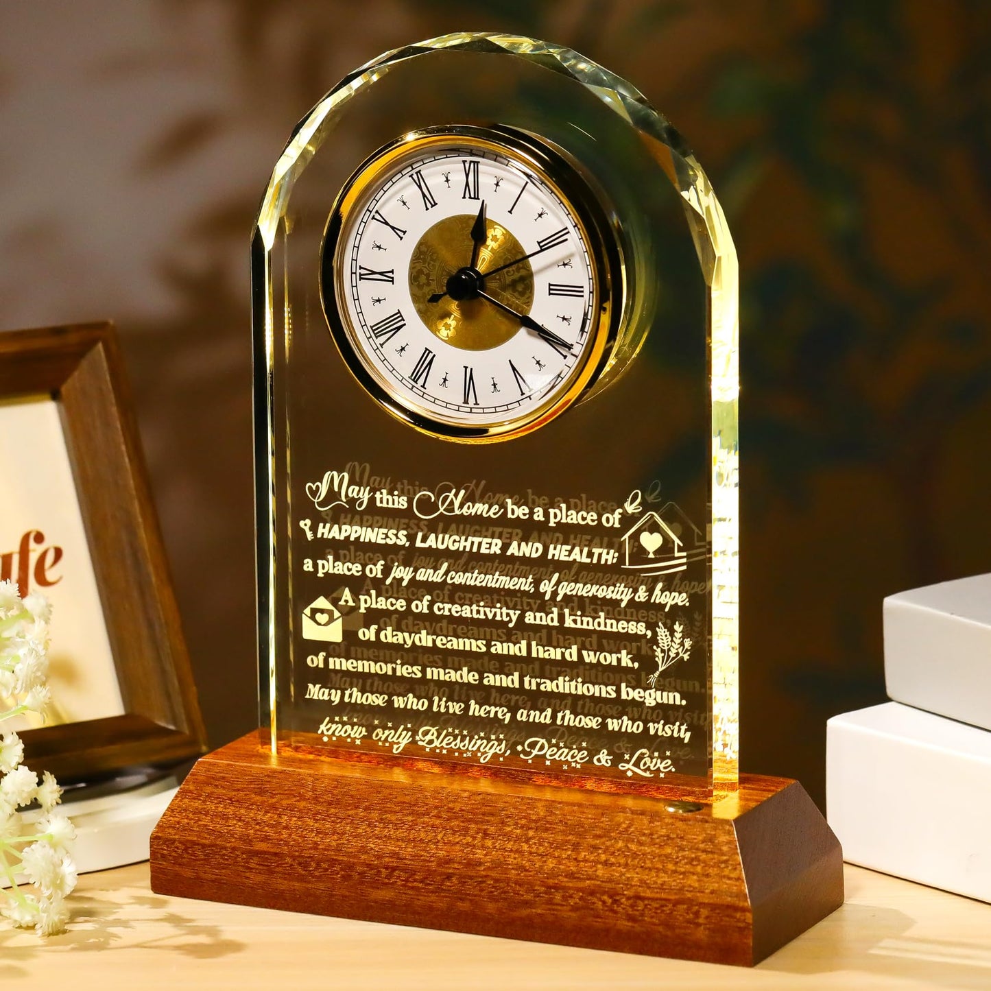 Arikyrist House Warming Gifts Glass Clock with Wooden LED Light Base Unique New Home Gift Ideas for Friends Couples Family Perfect Decor for Kitchen Home Tabletop