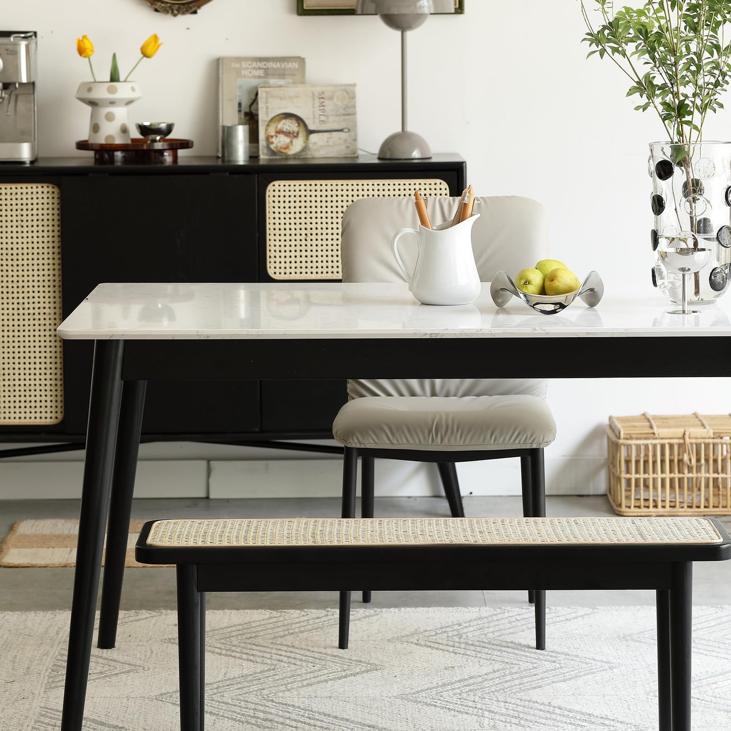 KEIKI Solid Oak Wood Dining Bench with Rattan Detail, Entryway Bench, Modern Bench for Bedroom, Living Room