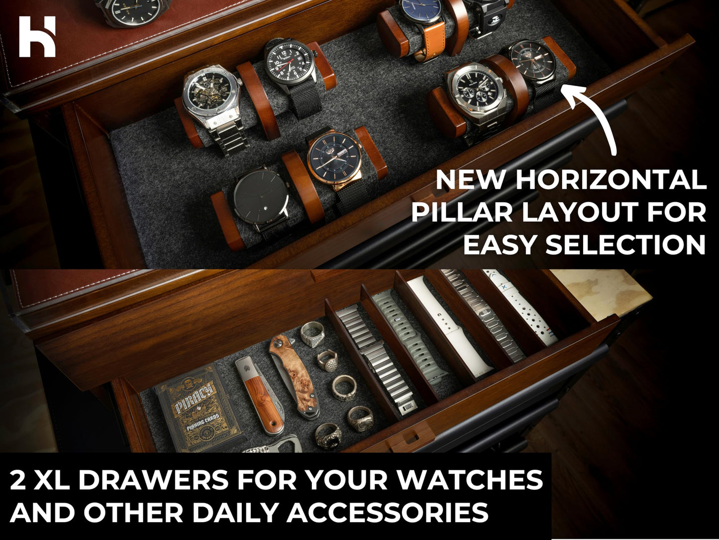 Premium 17 Slot Watch Box for Men - Extra Large Wooden Watch Display Case with Hinged Cover, Leather Lining & 2 Drawers - Watch Holder Organizer Stand - Handcrafted Luxury Father's Day Present for Men
