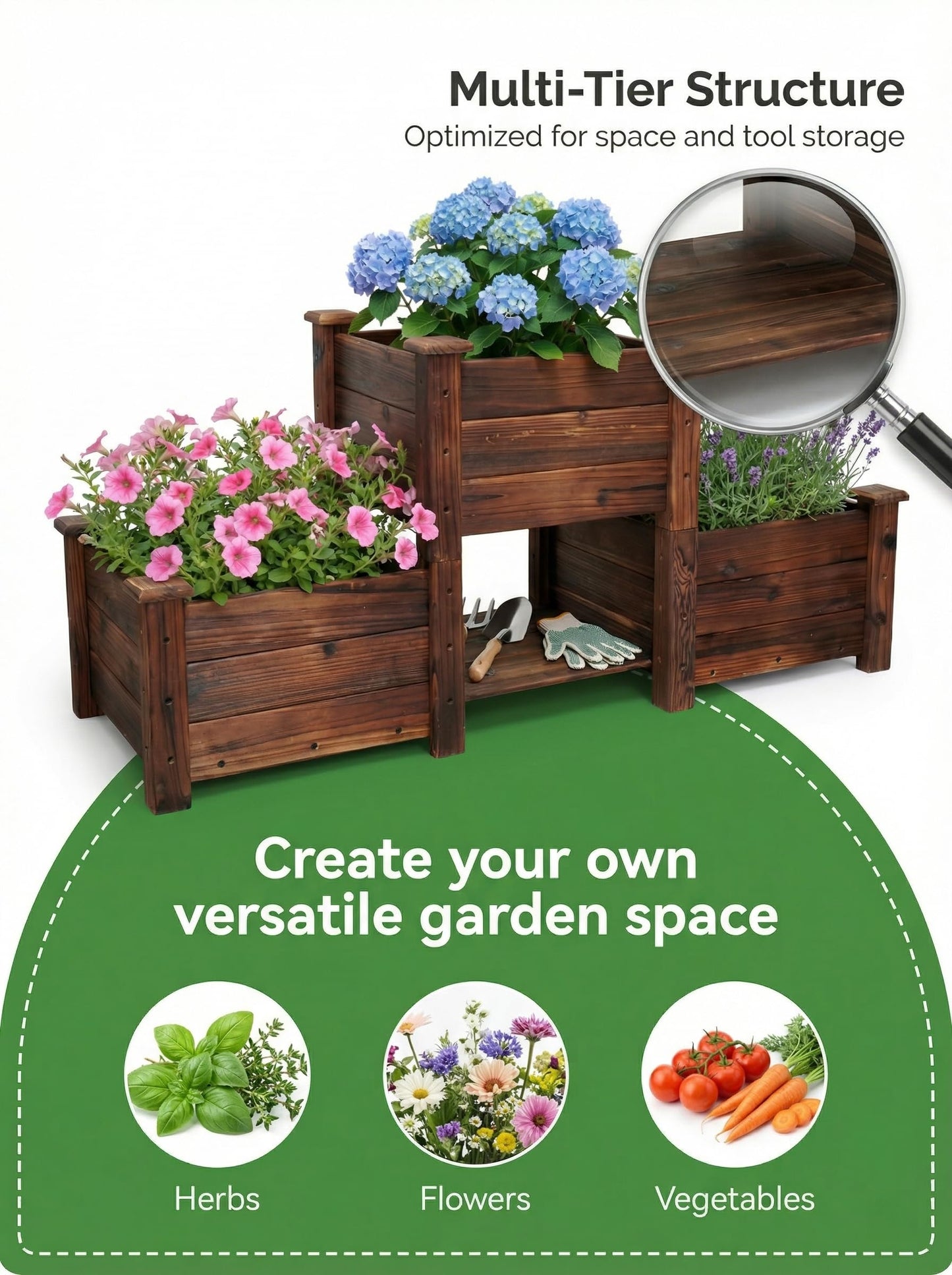 Borsynium Wooden Raised Planter Box Set, 3-Tier, Carbonized Brown, Outdoor Garden Bed, Rustic Style