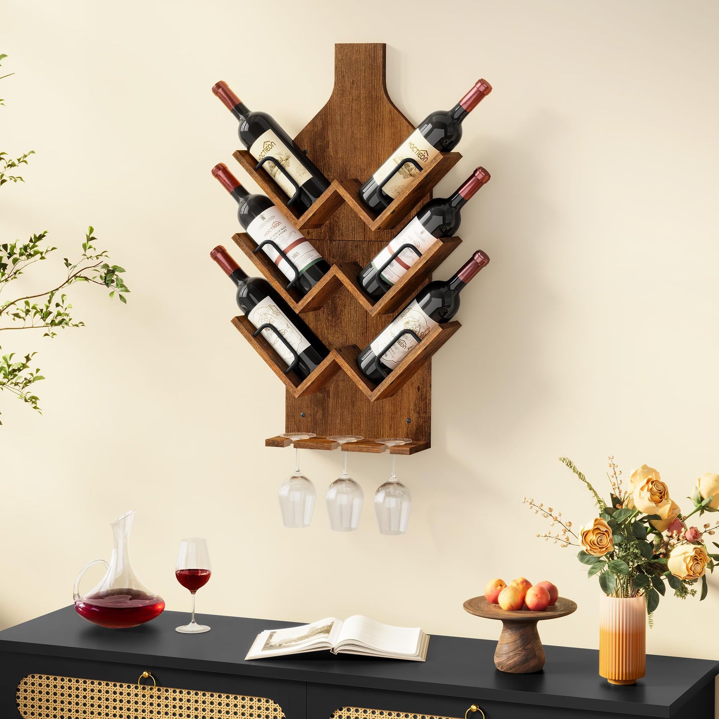 Hoctieon Wine Rack Wall Mounted, 6 Bottles Wood Wine Rack for Display and Storage, Hanging Bottle Holder Bar Shelves for Living Room, Kitchen, Dining Room, Wine Cellar, Rustic Brown
