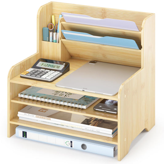 Desk File Organizer - 6-Tier Desktop Mail Letter Tray Paper Document Organizer with Pen Holder for Home Office Supplies, Office Desk Accessories & Workspace (Nature)