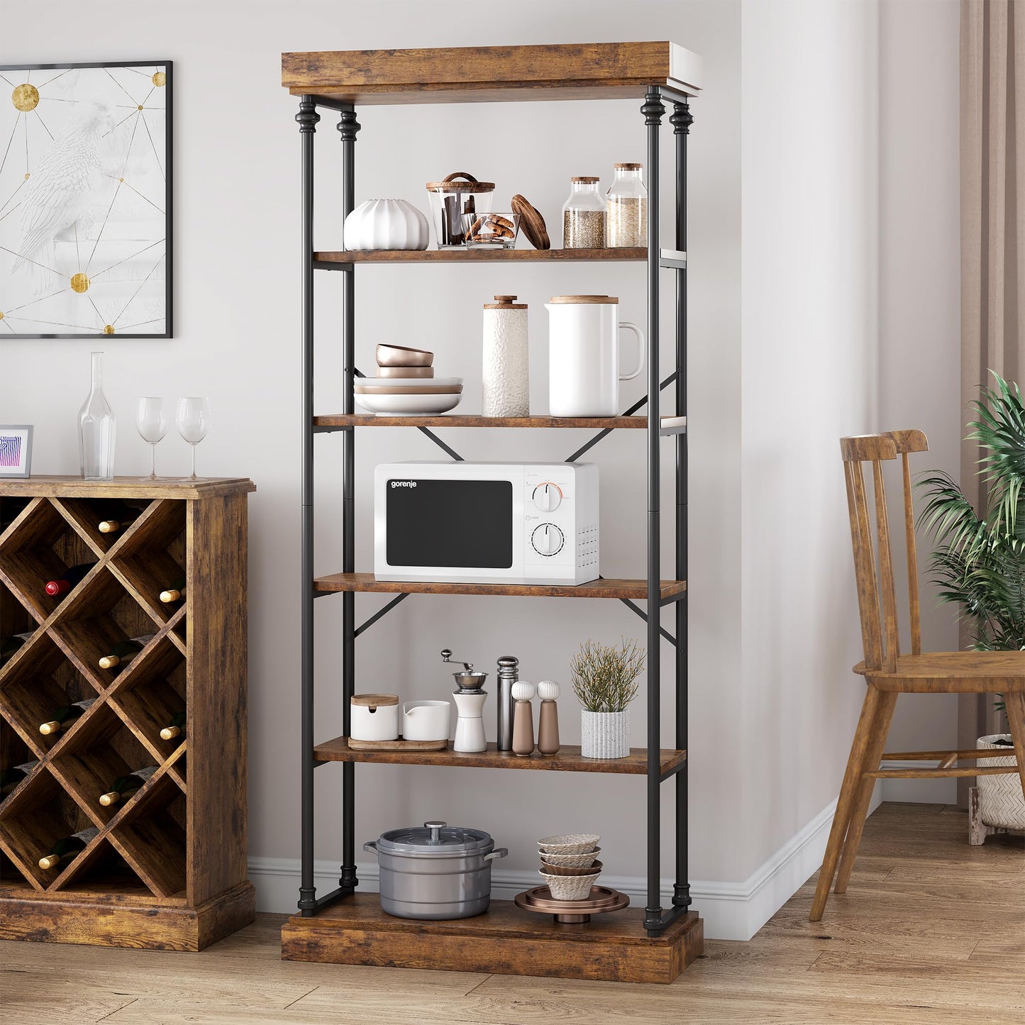 GarveeHome 6 Tier Bookshelf Industrial Bookcase Wood Tall Standing Bookshelves Wood Vintage Display Rack Rustic Bookshelf