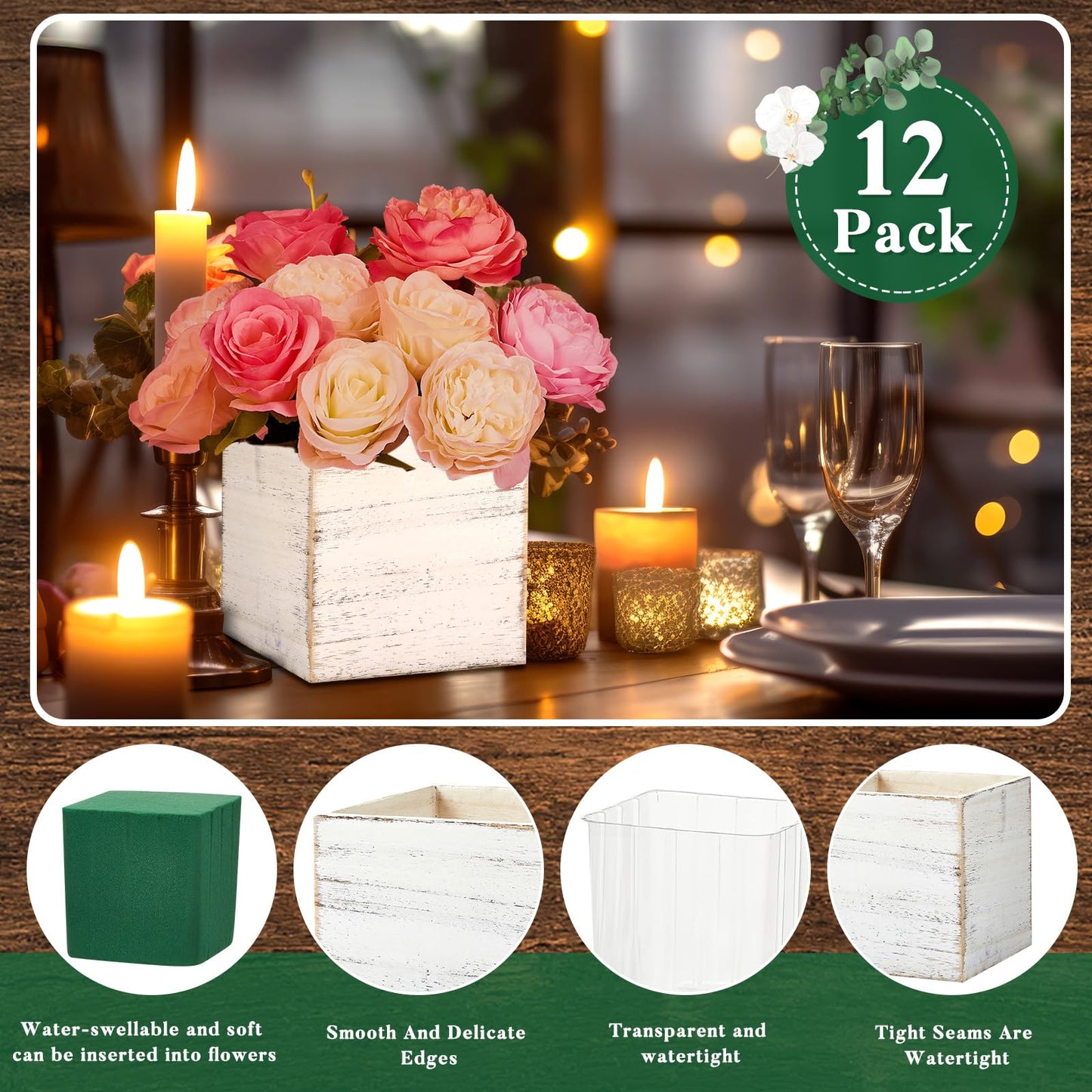 Dandat 12 Sets 4 Inch Wooden Cube Planter Boxes for Centerpiece Flower White Wood Rustic Square Vase with Removable Plastic Liner Floral Foam Block for Garden Wedding Home Arrangement Decor