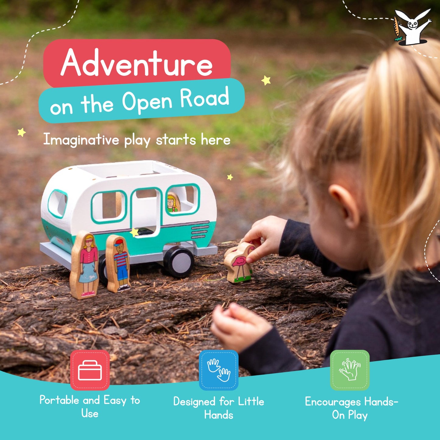 Jack Rabbit Creations 7-Piece Magnetic Glamper Camper Van – Family of 4 & Pink Flamingos – FSC Wood, Non-Toxic – Camping Toy, Imaginative Play – Toddler Gift, Ages 3+