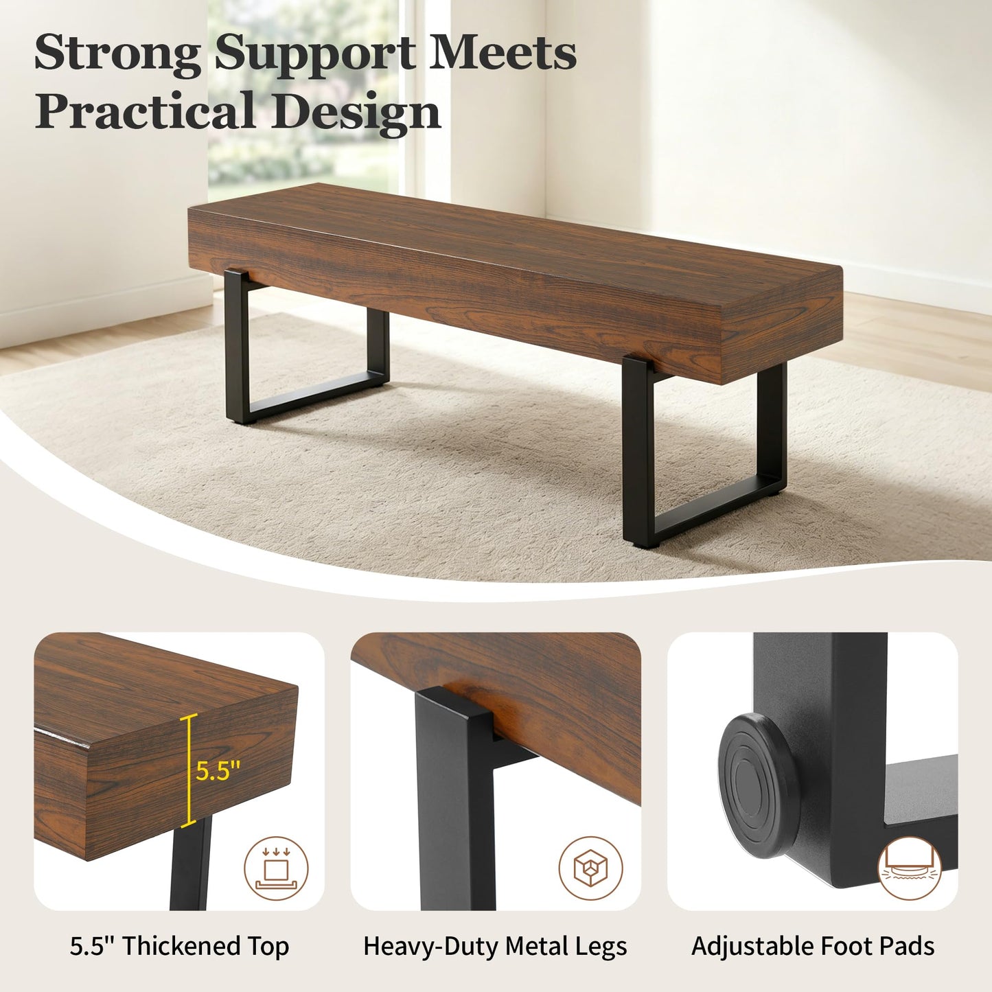 GDFStudio Modern Wooden Bench with Metal Legs, Entryway Shoe Bench Indoor, Dining Seating Bench with Thick MDF Top, Industrial Style Bedroom Bench, Sturdy Multi Use Furniture, Espresso