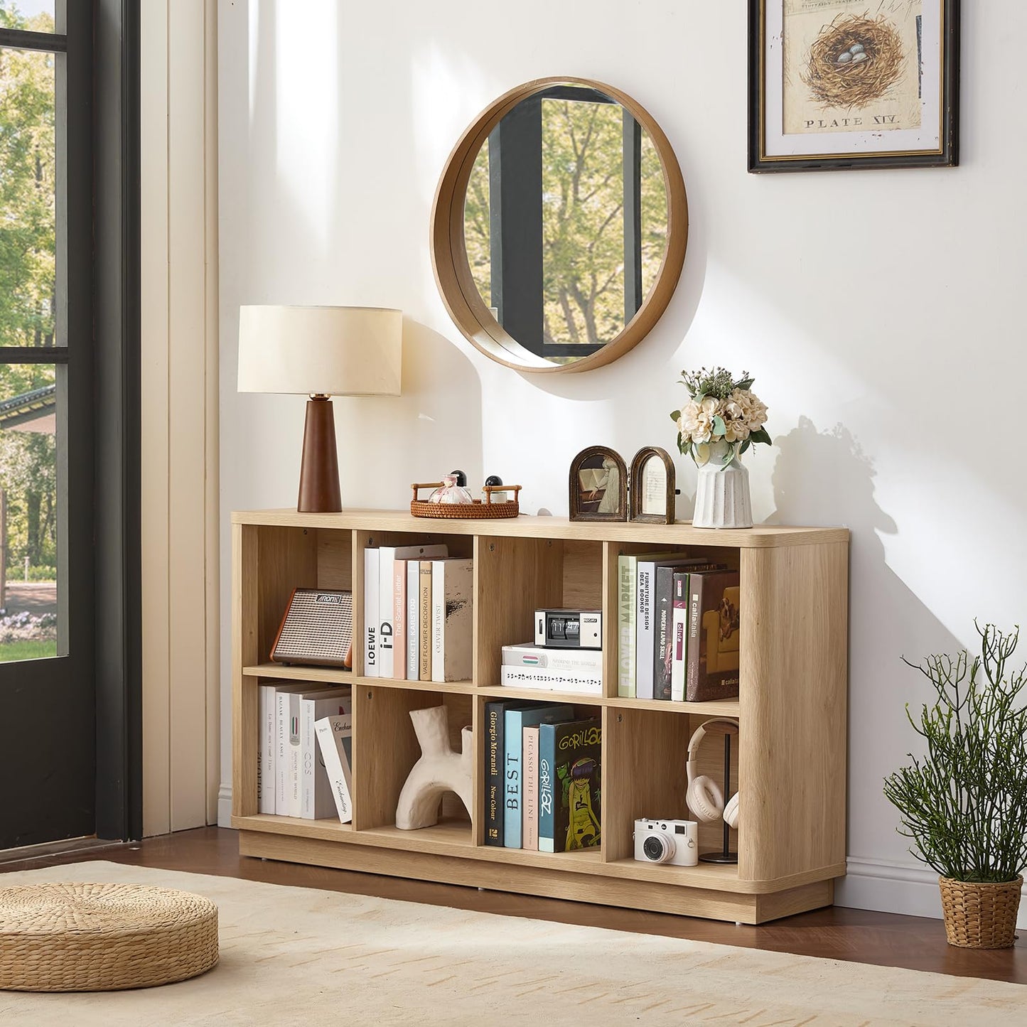 Joaxswe 8 Cube Storage Book Shelf, 52" Long Horizontal Bookshelf with Curved Edge, Floor Standing Wooden Cubby Bookcase with Base, Modern Low Console Book Case, TV Stand for Living Room, Natural Oak