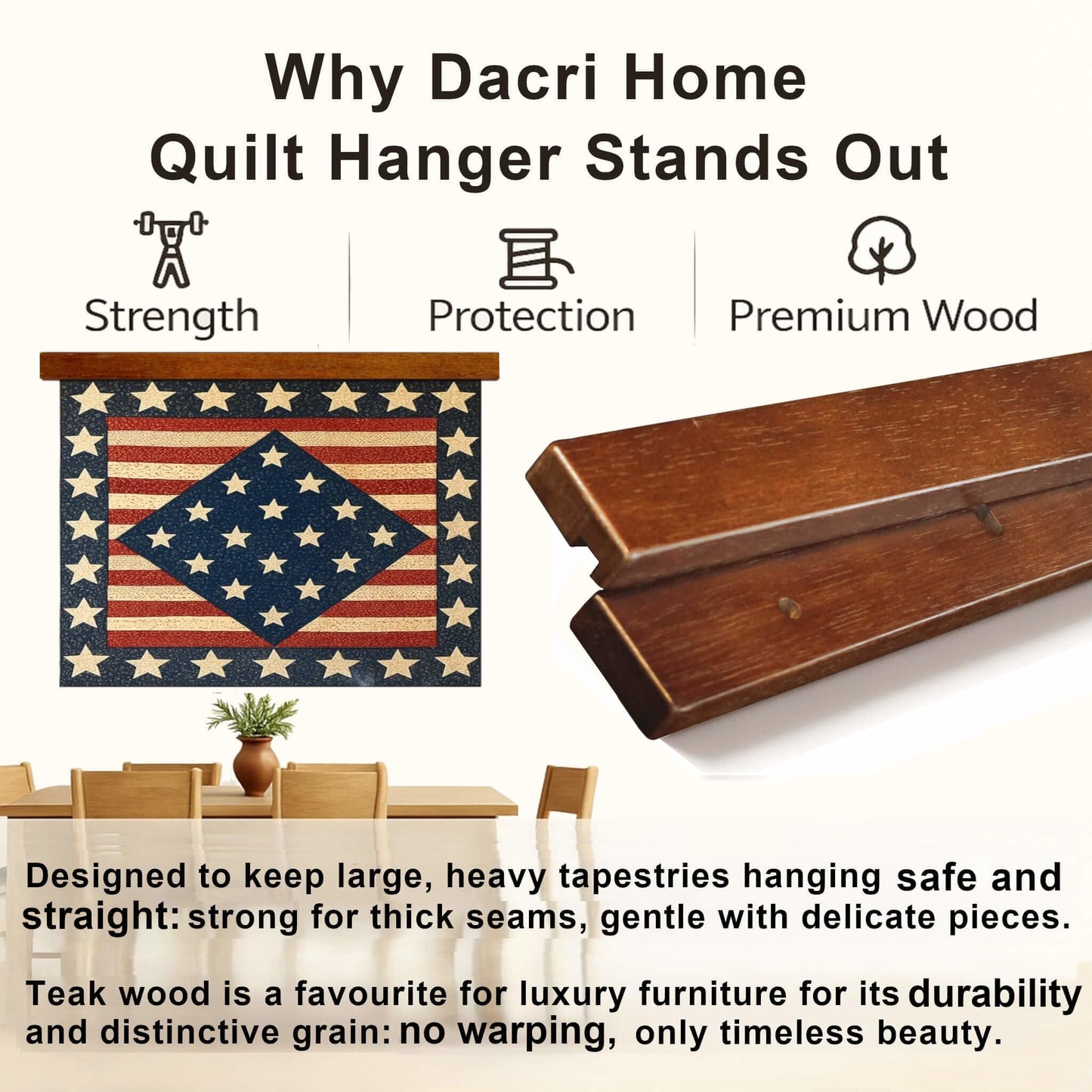 Dacri Home Quilt Hanger for Wall Display - 48 Inch Tapestry Hanger from Premium Teak Wood - Safe Mount Quilt Rack for Heavy Rugs, Tapestries, and Other Wall Hangings (Light Wallnut Stain)