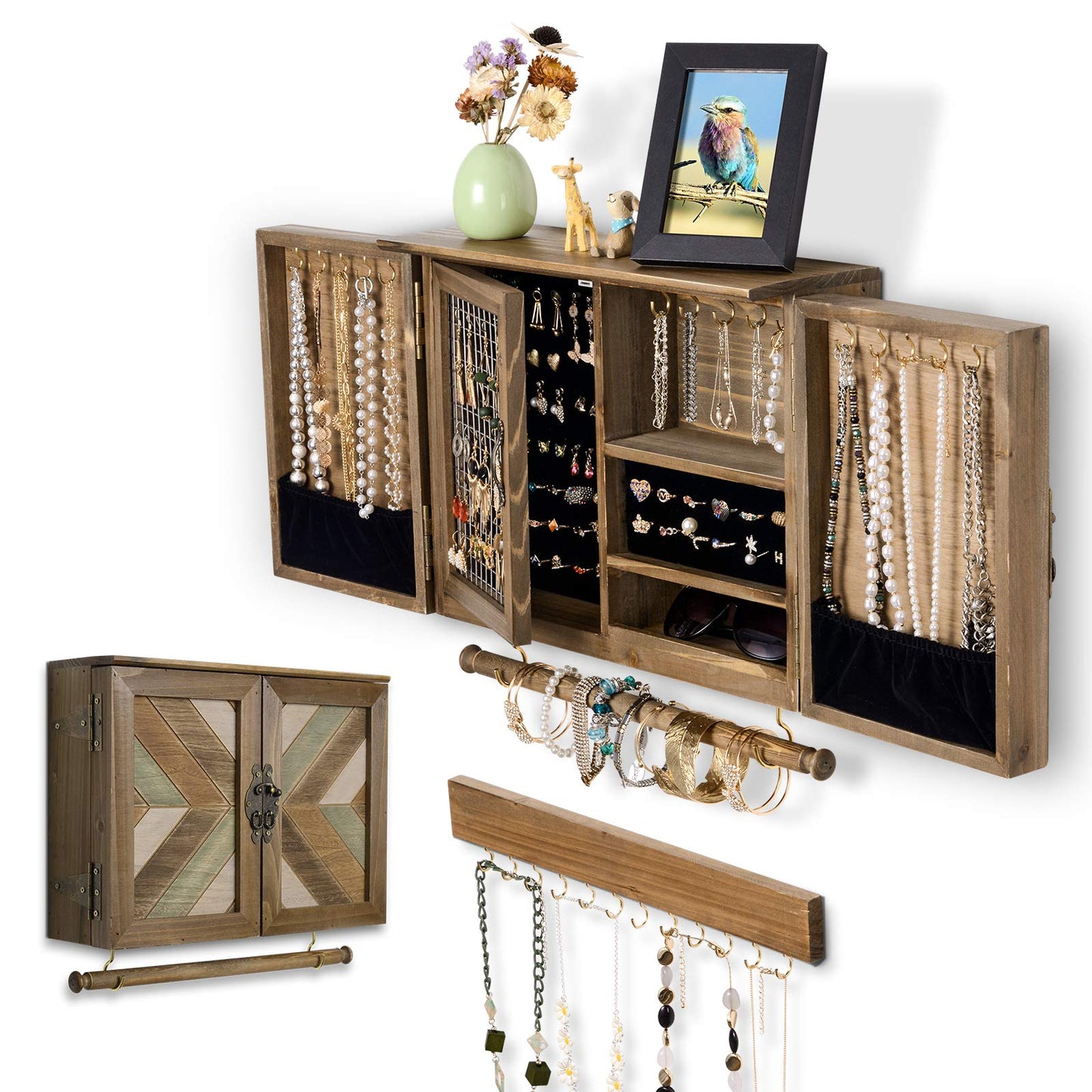 ikkle Wooden Jewelry Organizer Wall Mounted, Hanging Jewelry Holder with Removable Bracelet Rod and Hooks for Necklaces Earrings Bracelets Rings, Brown