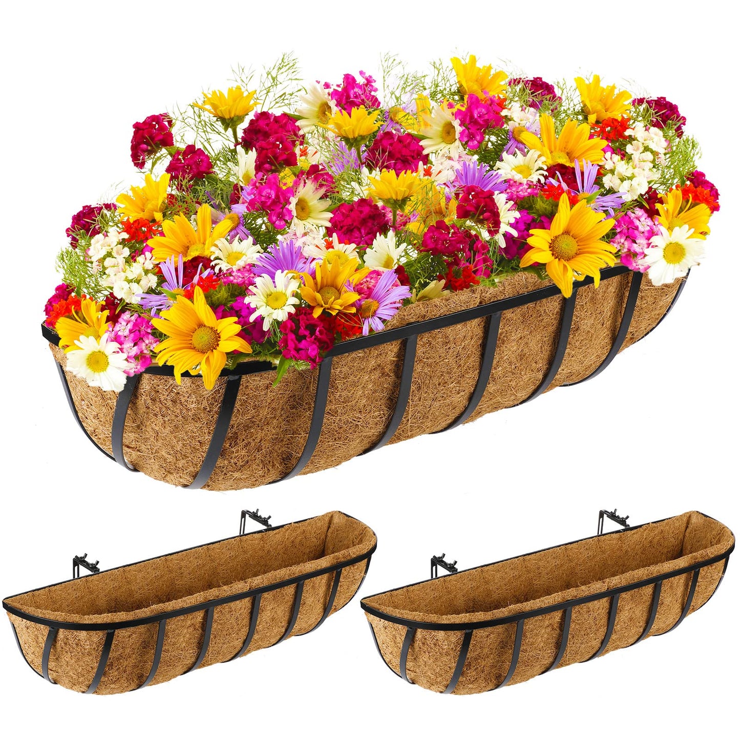 Tessco for you 3 Pieces Railing Planter Boxes, 24 Inches Window Box Planters with Coco Liner and Adjustable Brackets for Deck Porch Fence Patio Balcony Gardening Outdoor Plants
