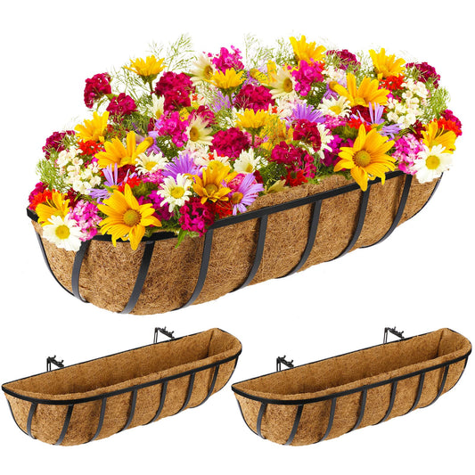 Tessco for you 3 Pieces Railing Planter Boxes, 24 Inches Window Box Planters with Coco Liner and Adjustable Brackets for Deck Porch Fence Patio Balcony Gardening Outdoor Plants