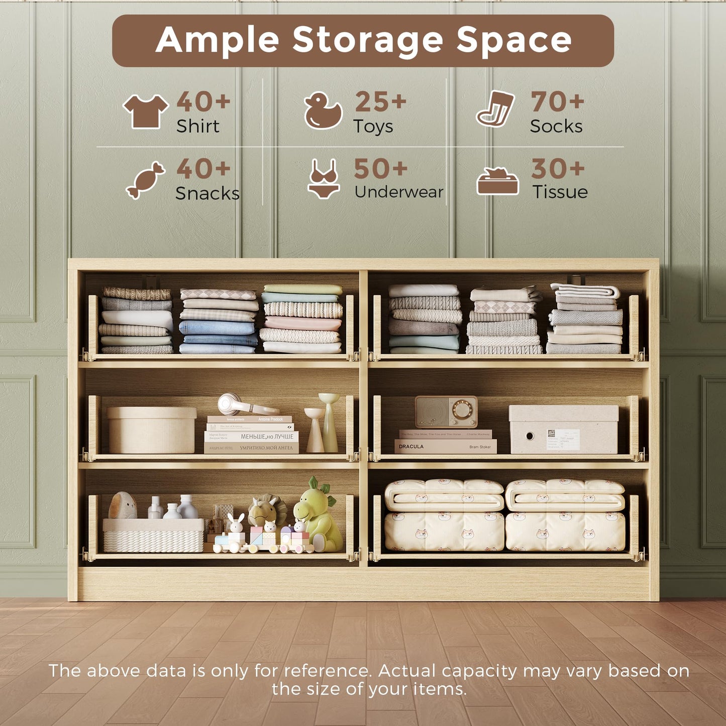 MapleGrace 53" Wide 6 Drawer Dresser for Bedroom, Modern Simple Wood Dresser Chest of Drawers Closet Store Organizer for Living Room, Hallway (Light Oak, 5.4" D x 53.1" W x 30.9" H (6 Drawers))