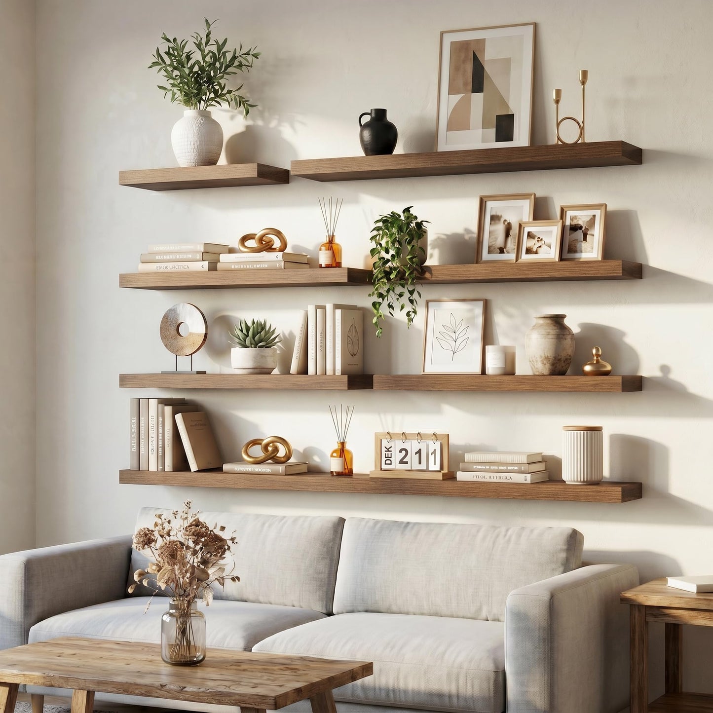 Venusmiles Floating Shelves for Wall, 20 Inch Floating Shelves Set of 2, 6.5" D Wooden Wall Mounted Display Shelves with Invisible Brackets for Living Room, Bedroom, Bathroom, Kitchen Decor, Walnut