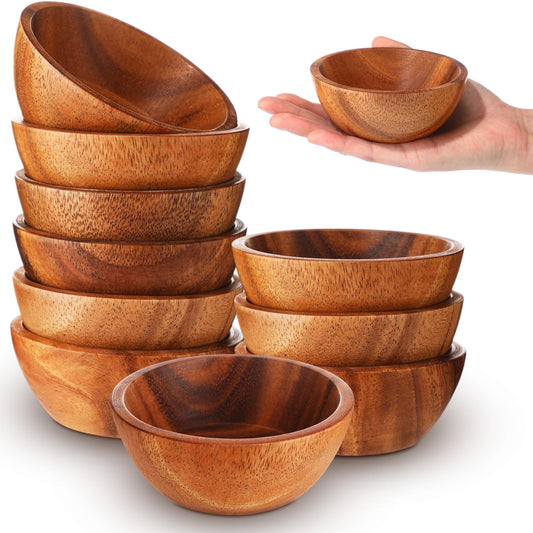LOYIM 10 Pcs Acacia Wood Small Bowls 4 * 1.6 Inch 8 oz Hand Carved Round Wooden Salad Kitchen Mini Bowls Calabash Dip Tray Charcuterie Accessories for Serving Dipping Condiments Sauce Salsa Candy Nuts