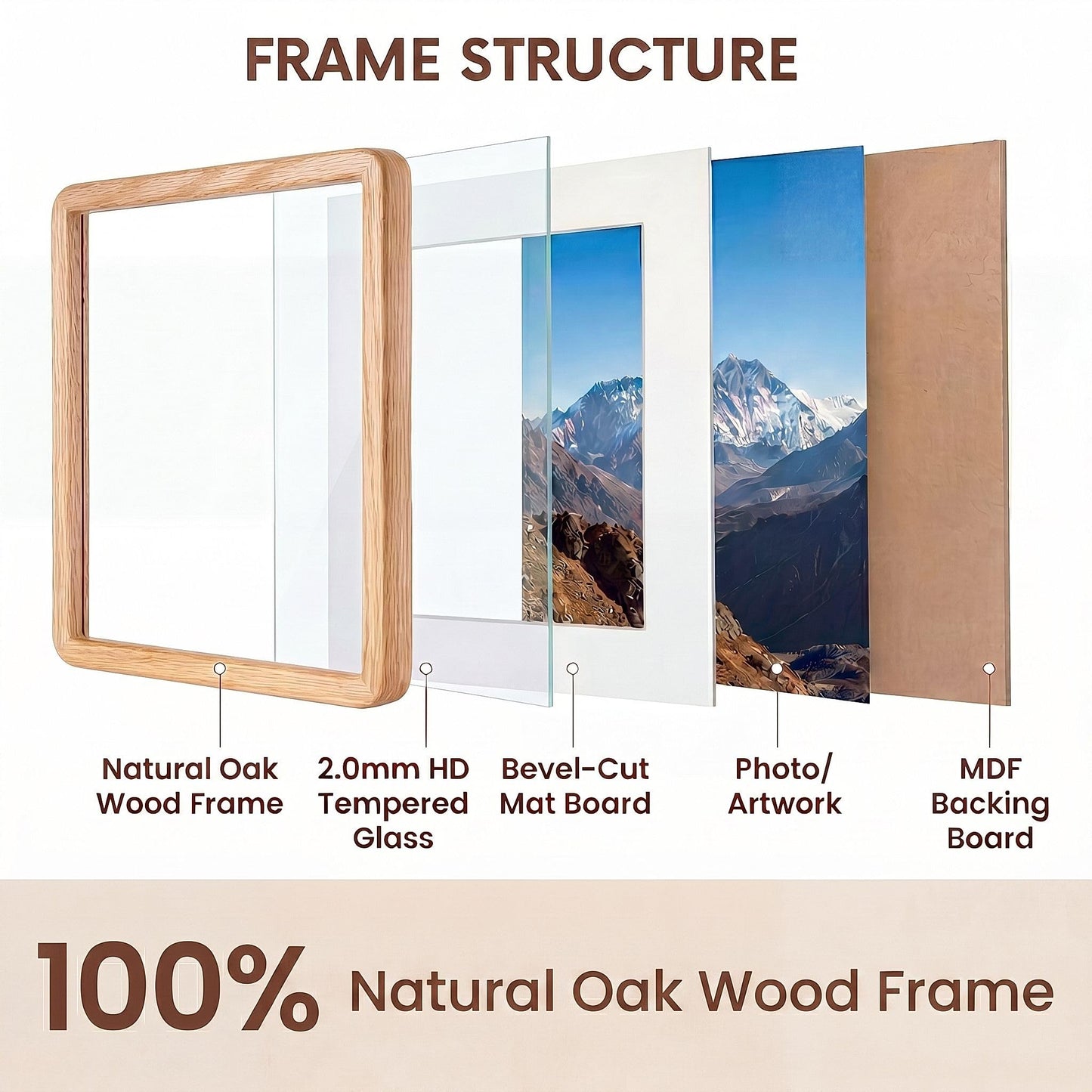 Acovy 11x14in Picture Frame, Natural Solid Oak Handcrafted Wooden Photo Frame, Dual Use for Wall Mount, Matted to Fit 8"x10" Photos, HD Tempered Glass, Pre-Installed Stand & Hanging Hook
