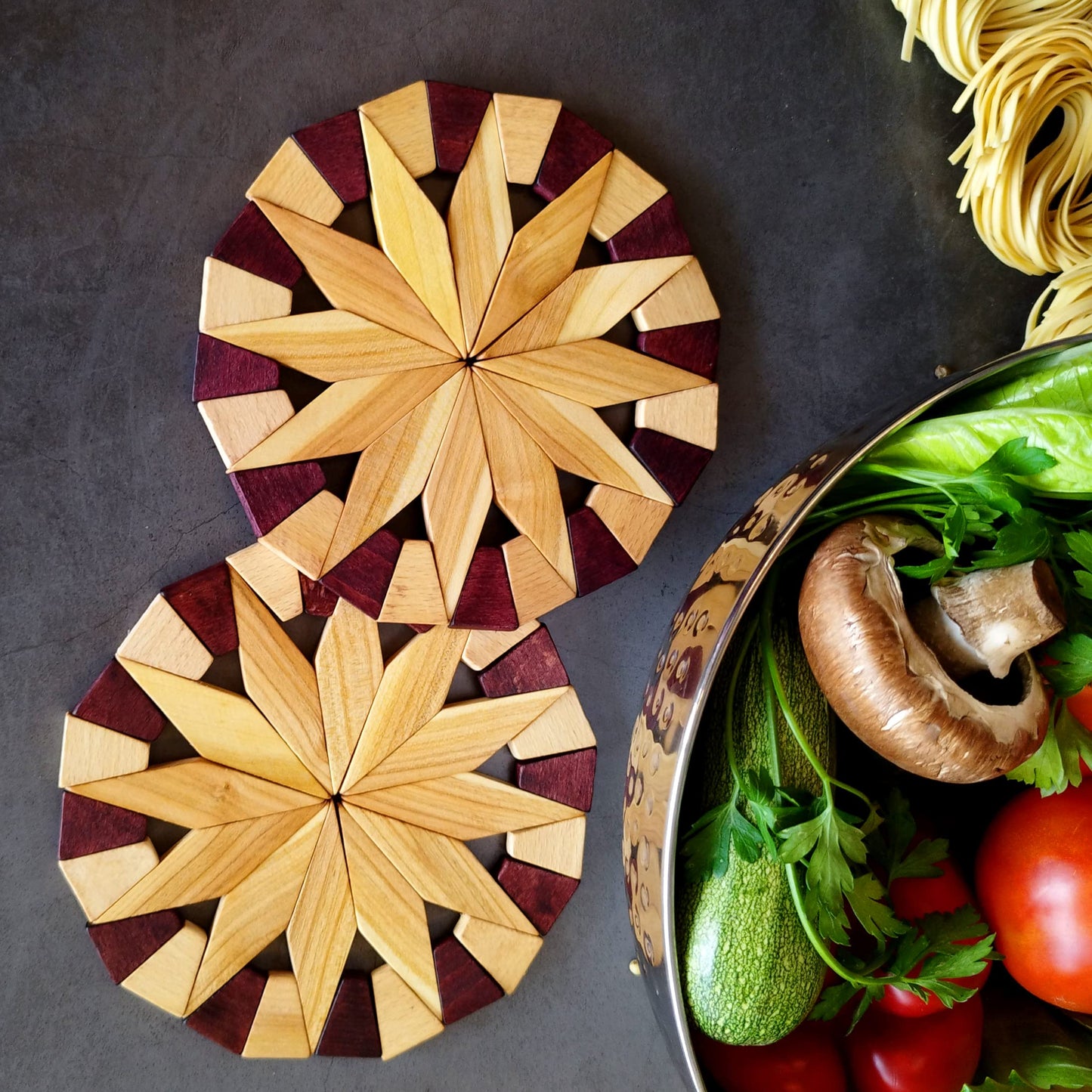 ECOSALL Natural Wood Trivets for Hot Dishes, Table and Kitchen Counter Set of 2 – Made in Ukraine Sturdy and Durable 7-inch Wooden Kitchen Hot Pads. Festive Design Table Décor – Kitchen Gift Idea