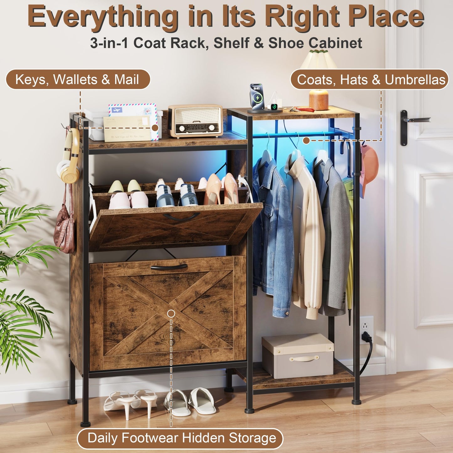 HIGDBFE Shoe Cabinet with 2 Flip Drawers and Hanging Rack, Narrow Entryway Organizer with Charging Station and LED Light, Freestanding Hidden Shoe Storage for Hallway, Rustic Brown, 41.3" W