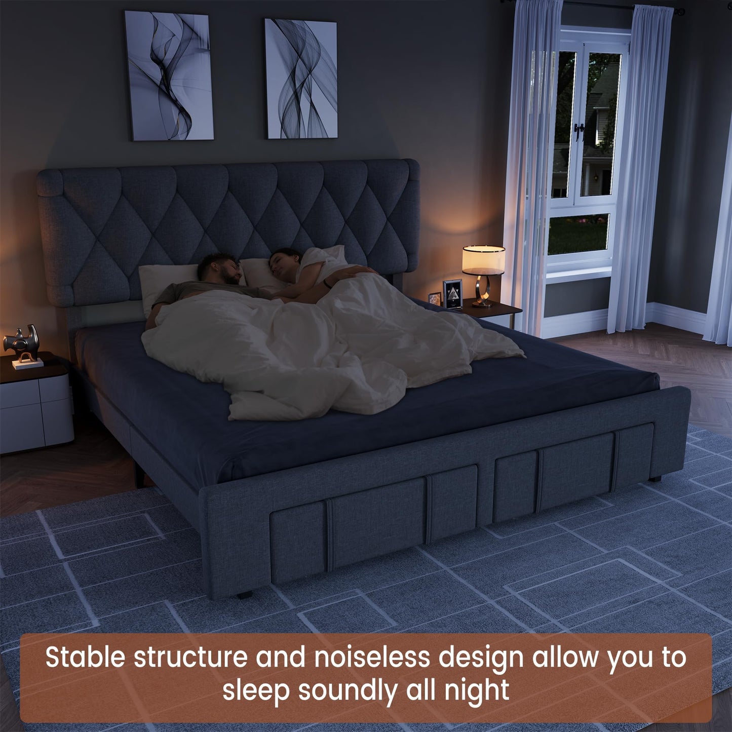 GarveeHome King Size Bed Frame, Upholstered Platform Bed Frame with Storage Drawers, Mattress Foundation with Solid Wooden Slats Support, No Box Spring Needed, Grey