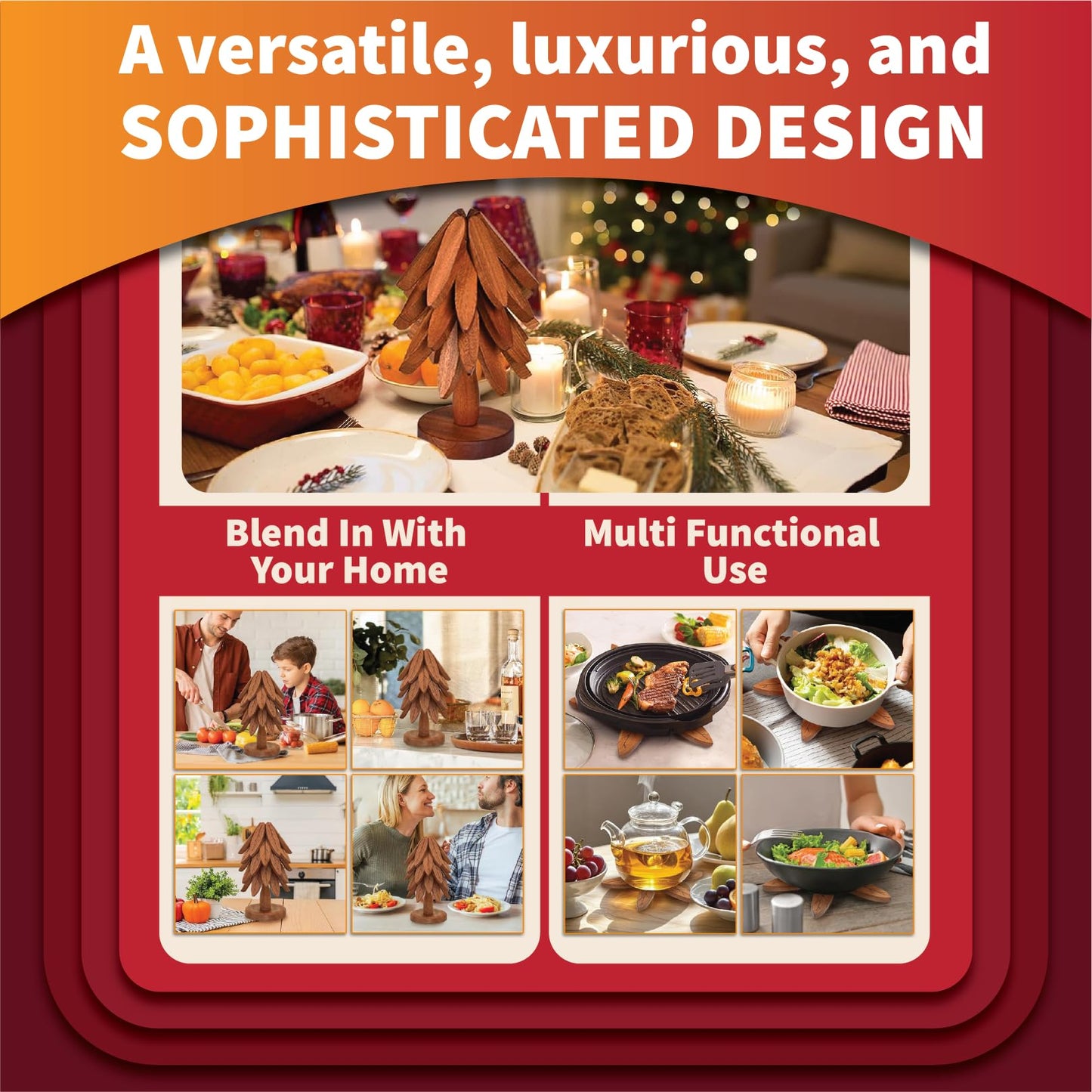 HADARIS Wooden Tree Trivet Set for Hot Dishes - 3 Pcs Foldable Heat Resistant Wood Coasters, Natural Walnut Finish Pot Holders for Kitchen Countertops and Dining Table, Unique Tree-Shaped Decor