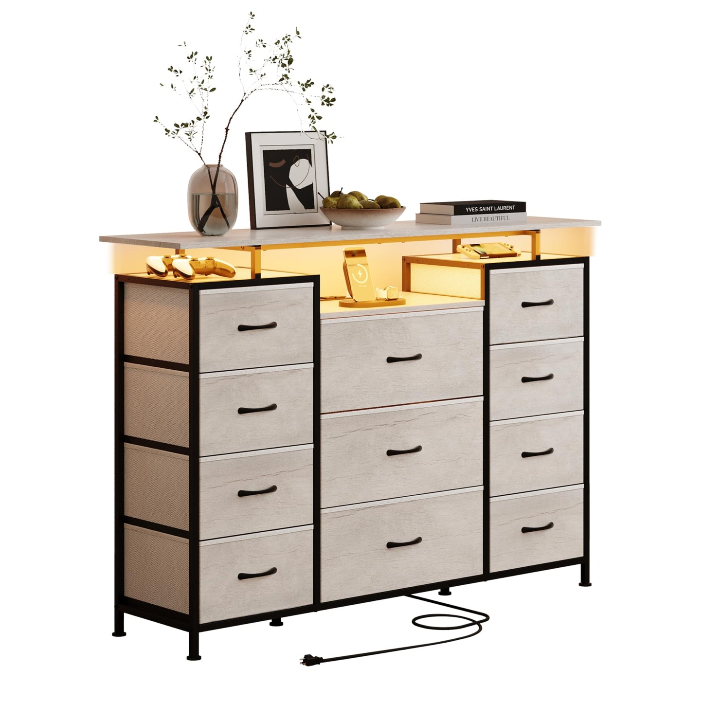 LUMTOK 11 Drawers Dresser with Fabric Drawers,Charging Station, LED Lights and Shelves for Bedroom Storage Organization (Greige)