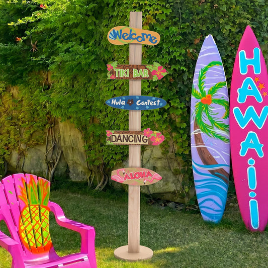 RattanView 5 Pcs Hawaiian Party Decorations Luau Wooden Welcome Signs Aloha Themed Directional Sign for Summer Tropical Directional Beach Island Themed Parties
