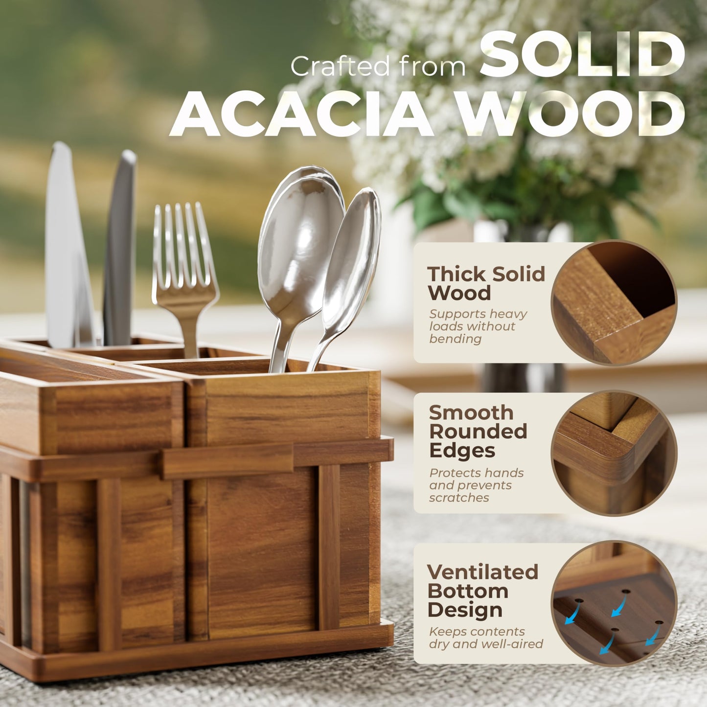 LotusSway Acacia Silverware Caddy for Parties, Utensil Caddy with Paper Plate Dispenser, 4-Compartment Cutlery Flatware Organizer for Spoons, Forks, Napkins - Natural Wood Finish