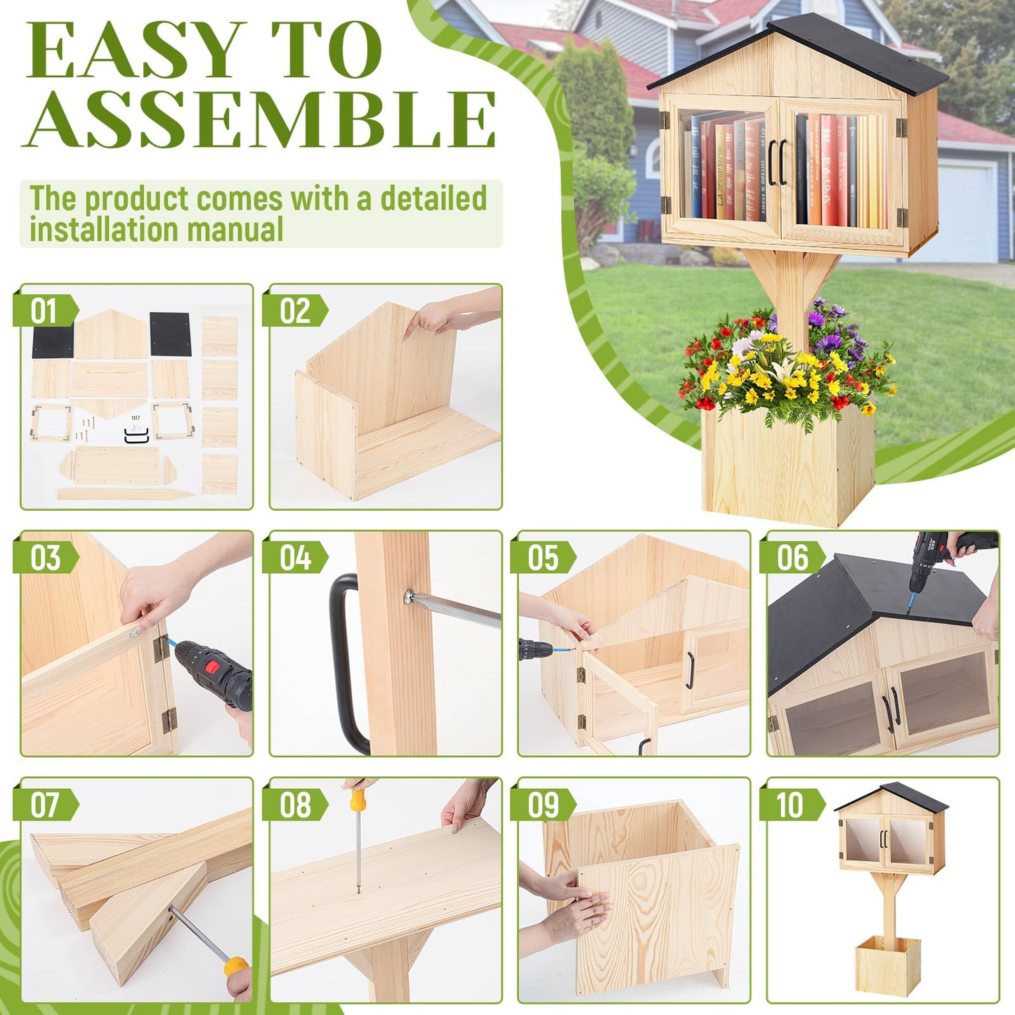 Wonderjune Little Library Box Outdoor Free Library Kit -Durable Weatherproof Solid Wood Book Exchange Box with Floor Plugs and Small Flower Fence for Neighborhoods, Community, Literature, Newspapers