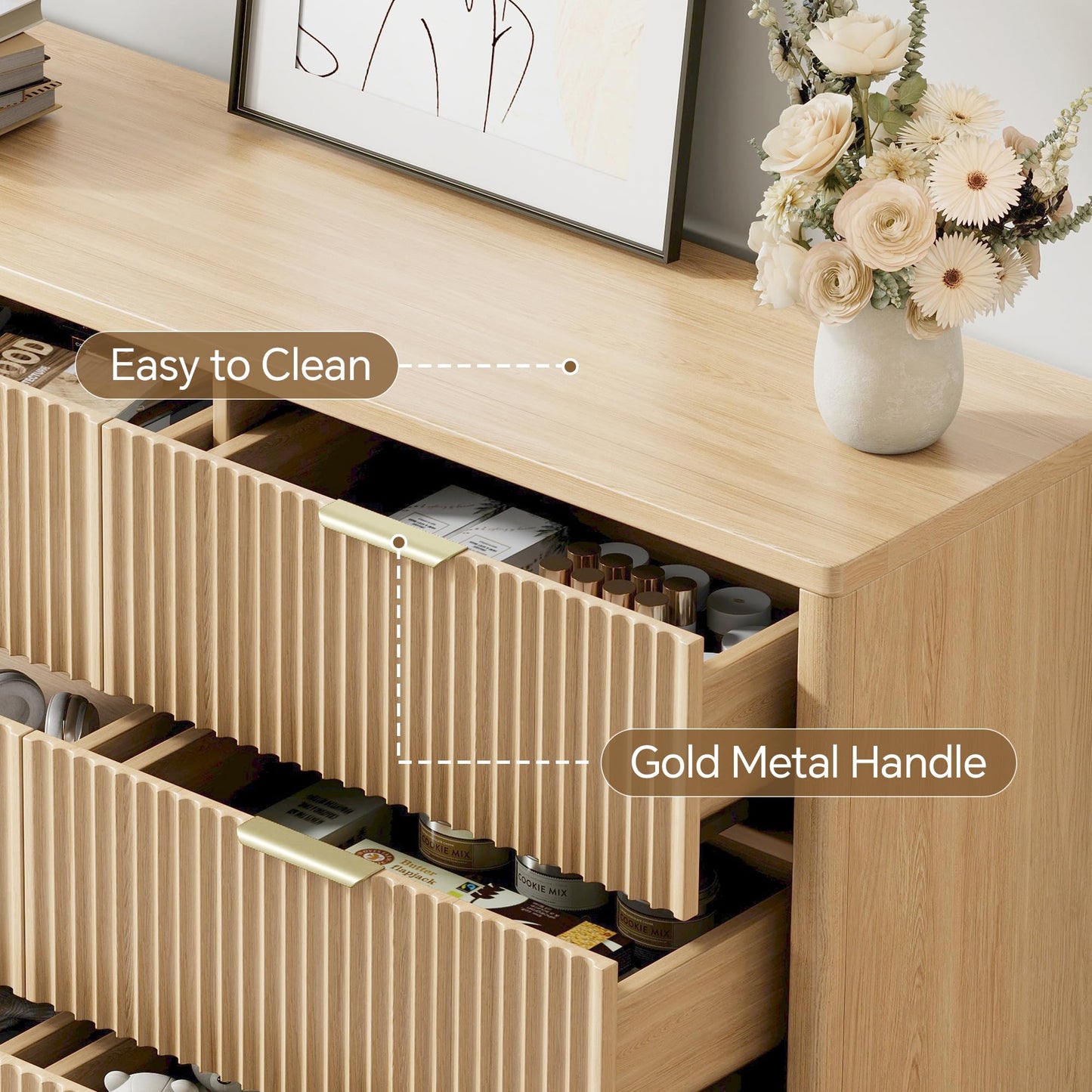 Ball & Cast Fluted Dresser for Bedroom with 6 Drawers,47" W Modern Chest of Drawers with Metal Handles,Wood Dresser TV Stand,Closet Dresser Drawers Organizer for Living Room,Hallway,Natural Oak