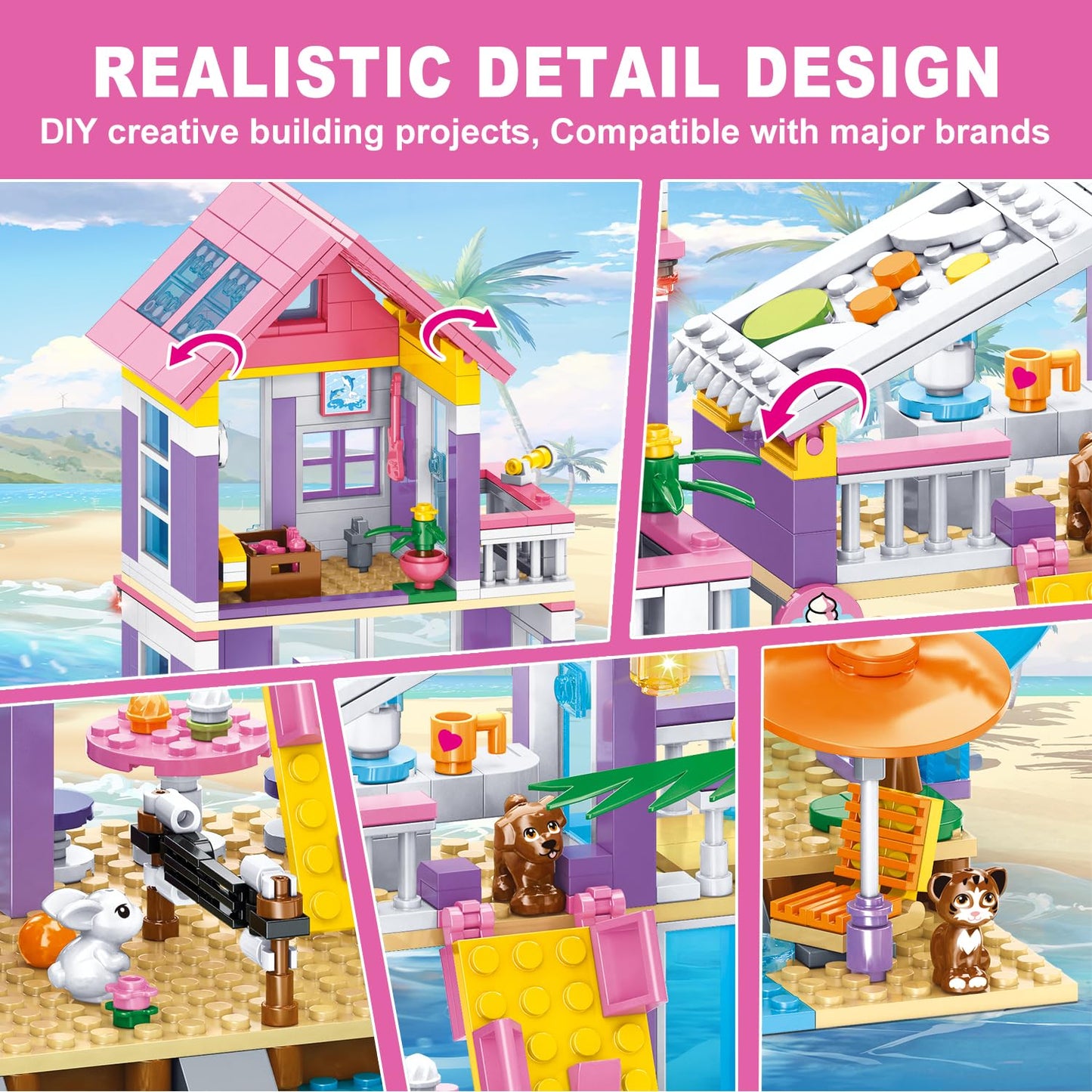 WINGIFT 955 Piece Beach House Building Set,Seaside Beach Villa Building Toys Friends Vacation Hut Blocks Set,STEM BuildingToys with Helicopter,Yacht,Sailboat,Christmas Birthday Gift for Girl Age 6-12+