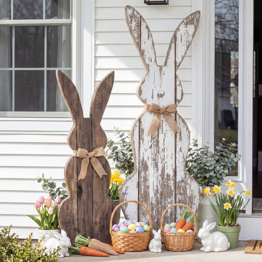 Weysat 2 Pcs 23.6/31.5" H Easter Bunny Welcome Porch Sign Wooden Bunny Standings Porch Decor Large Easter Outdoor Sign Farmhouse Rabbit for Yard Front Door Indoor Outdoor Kitchen Garden