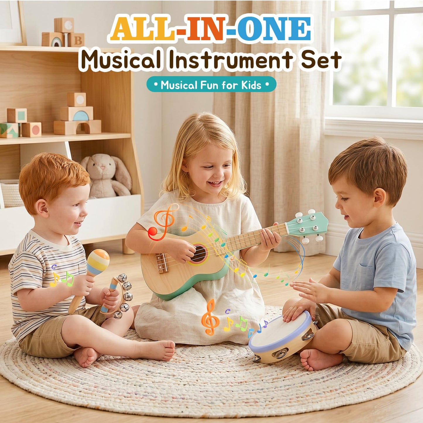 Kids Guitar Set for Toddlers 1-3, 8 in 1 Wooden Montessori Musical Instruments Set with Ukulele, Tambourine, Maracas, Flute, Educational Music Toys, Preschool Learning Toy Gift for Boys Girls