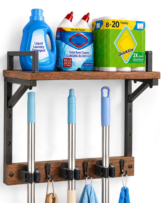 Lorbro Broom Holder Wall Mount with Cleaning Supplies Storage, Heavy Duty Broom and Mop Organizer Wall Hanging, Wooden Mop Organizer Hanger, 3 in 1 Storage Shelves for Laundry Room, Garage, Closet