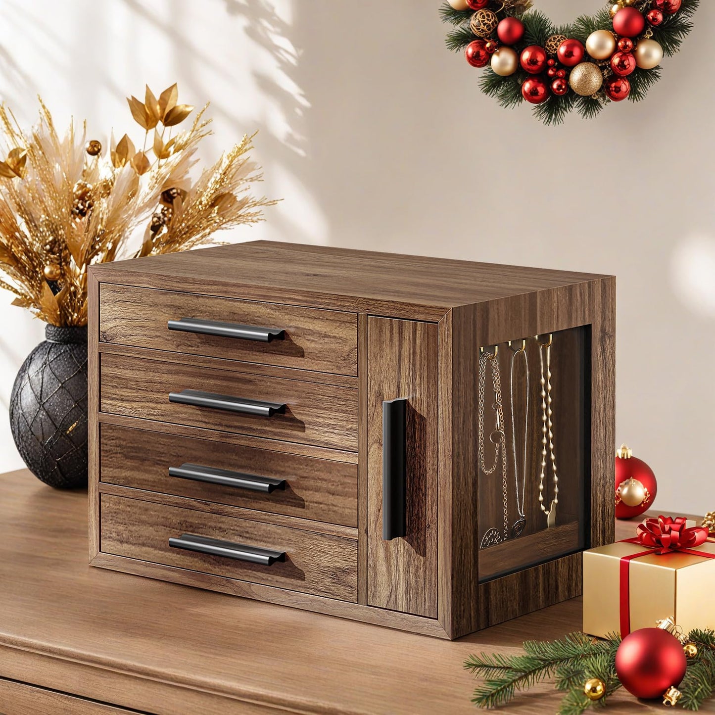 HOOBRO Jewelry Box for Women, Wooden Jewelry Organizer with Transparent Window and 360° Rotating Jewelry Box, Wooden Jewelry Organizer Bundle, BH09JB04-BH30JB04