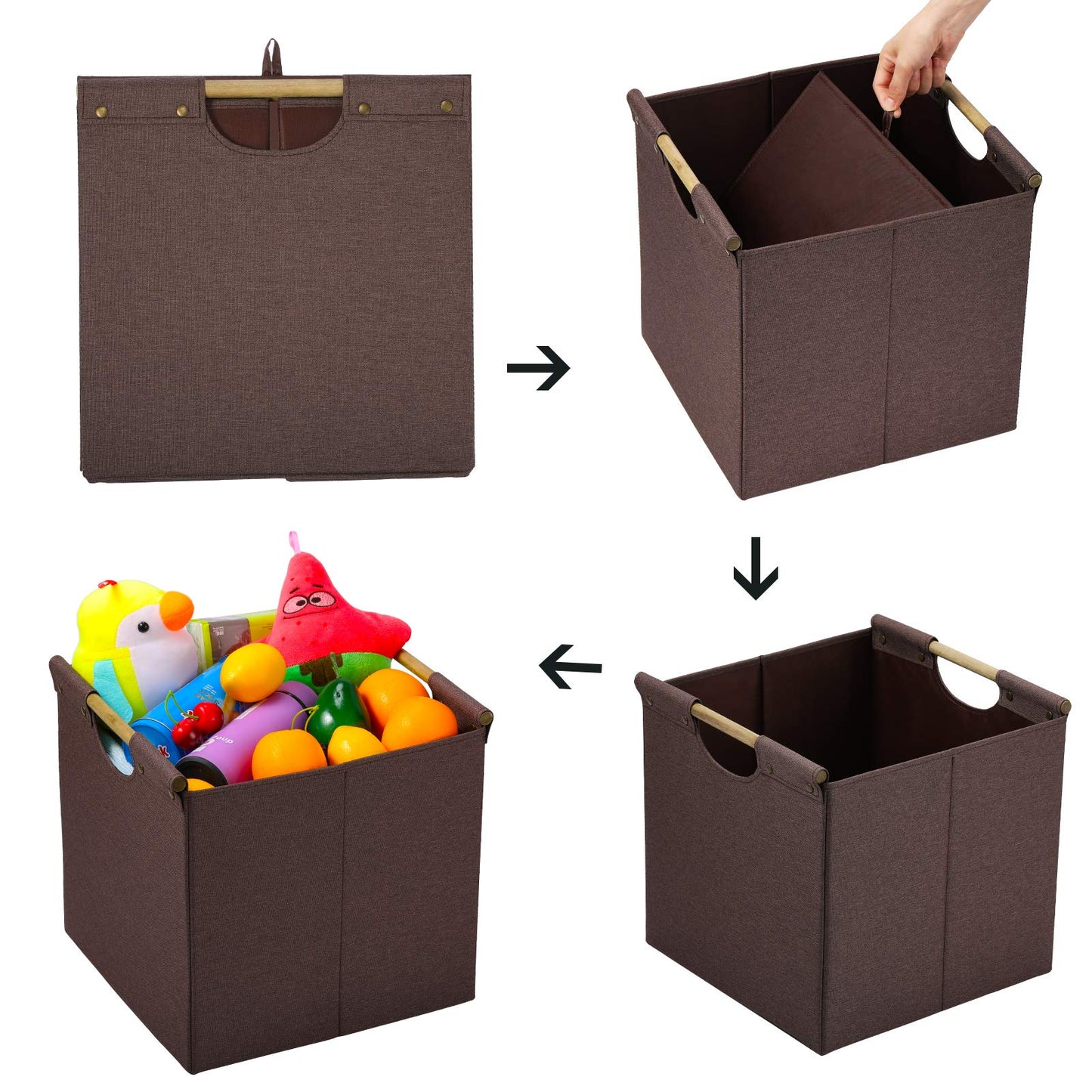 HOONEX Collapsible Storage Bins, 13x13x13 Inches Storage Cubes Linen Fabric, 3 Pack, Storage Baskets with Wooden Carry Handles and Sturdy Heavy Cardboard, for Home, Office, Car, Nursery, Brown