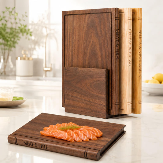 Book Shaped Cutting Board Set with Walnut Stand, 3 PCS Wooden Cutting Boards (13"x10"), Maple Sapele & Bamboo Charcuterie Serving Boards, Decorative Kitchen Decor Gift for Housewarming (1Set)