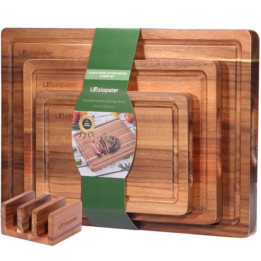 LAZIOPATER Wood Cutting Board Set, 3-Piece Rectangular Boards for Kitchen, 18x12x0.75 Inches, Hand Wash Only (Acacia Wood)