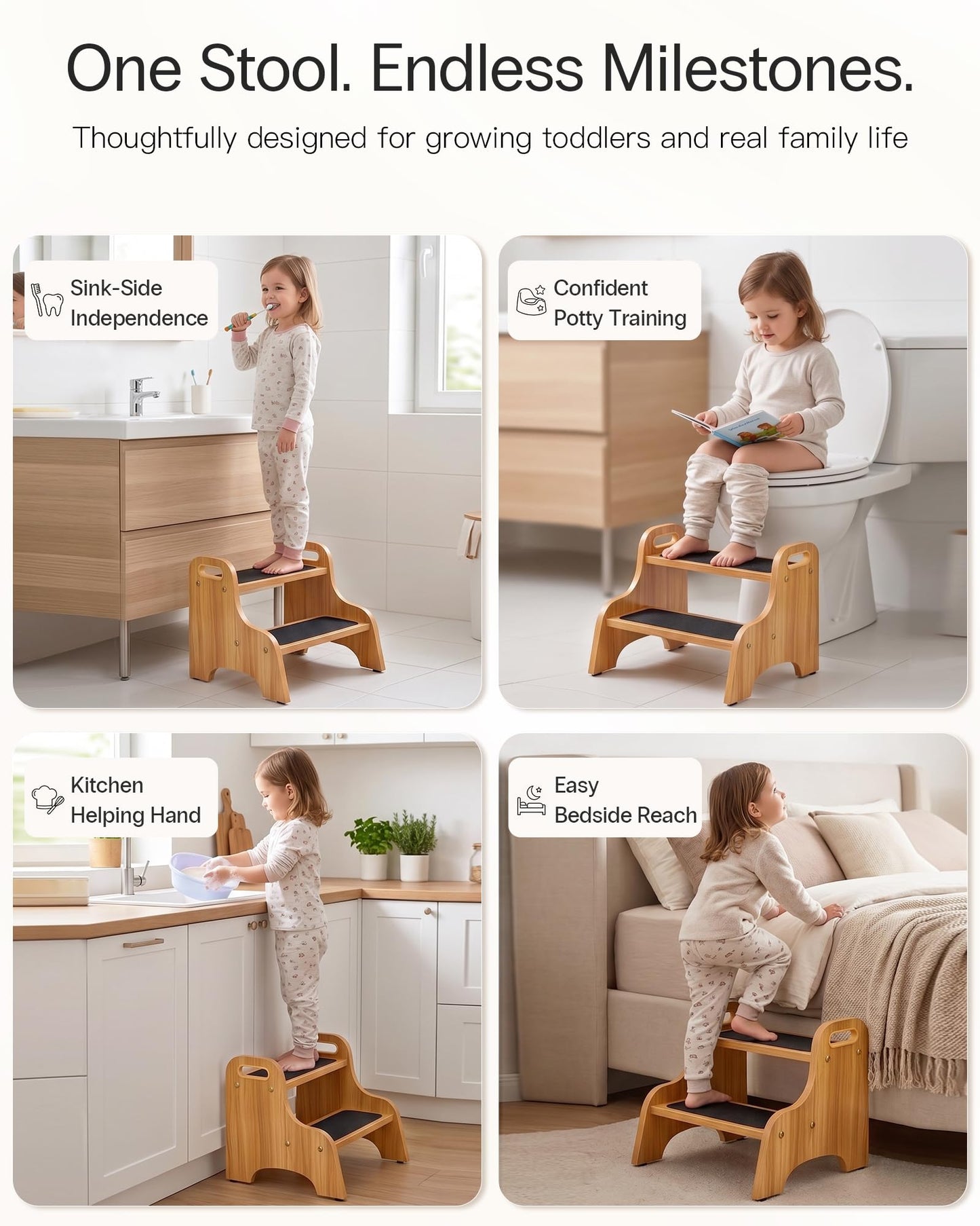 StrongTek 2 Pack Wooden 2 Step Stools, Non-Slip Surface, Skid-Resistant Foot Pads, 350 lb Capacity, Portable with Handles, Sturdy Step Stool for Kitchen, Bathroom, Bedroom and Home Use