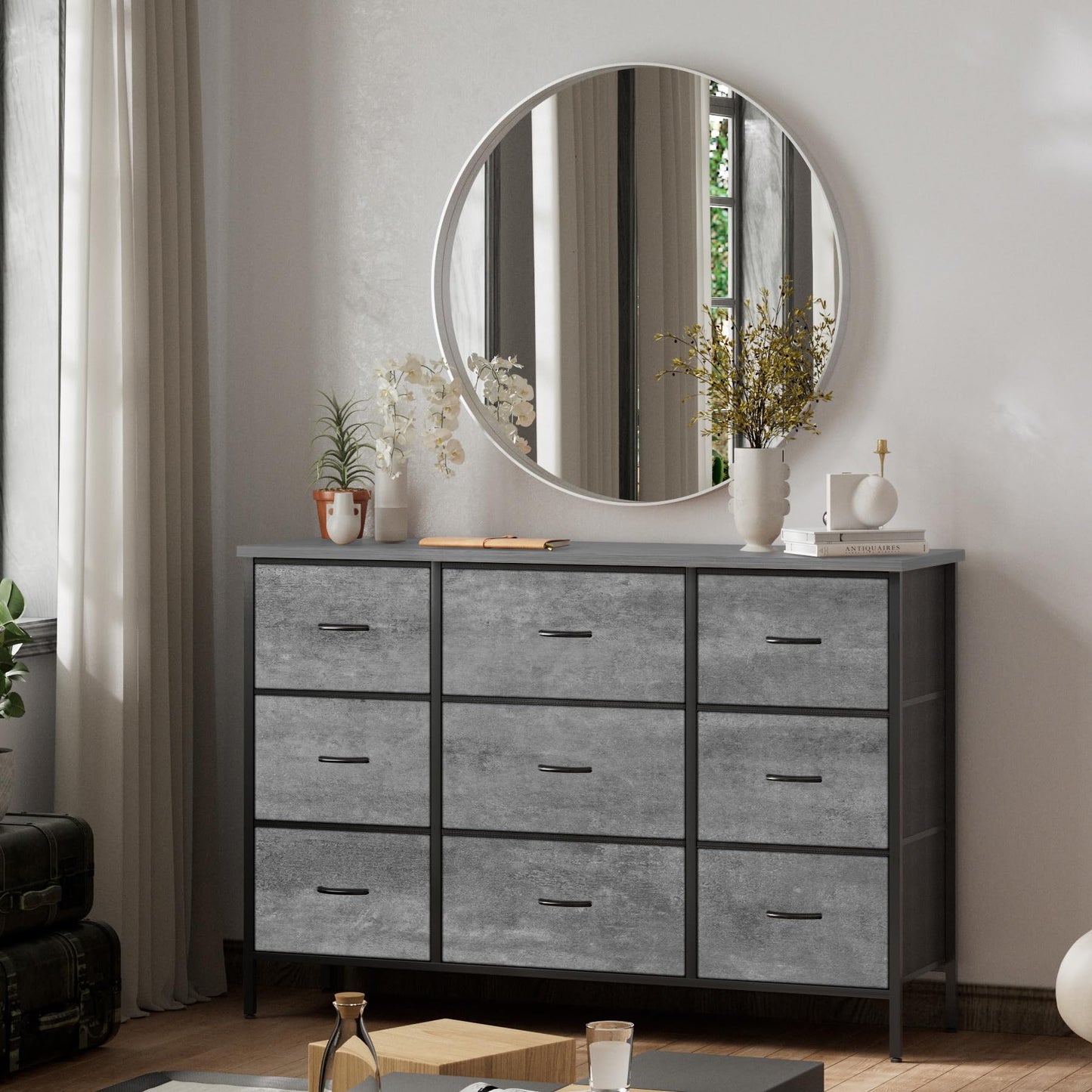 VASICAR Dresser for Bedroom with 9 Deep Drawers, Wide TV Stand Modern TV Console, Fabric Storage Cabinet, Chest of Drawers for Closet, Nursery (Gray)
