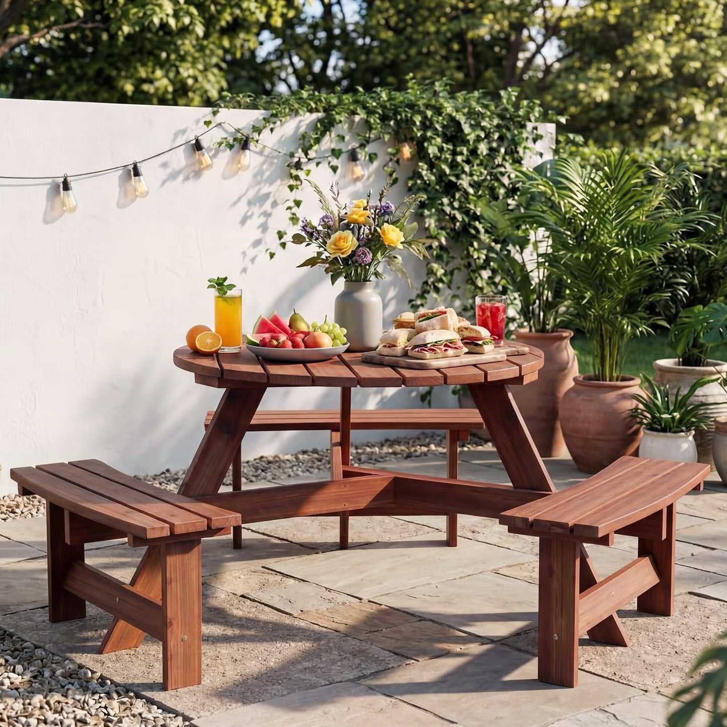 Garvee 6 Person Wooden Picnic Table, Outdoor Picnic Tables with 3 Built-in Benches, Circular Camping Dining Table and Chairs Set with Umbrella Hole for Garden, Patio, Backyard, Walnut Brown