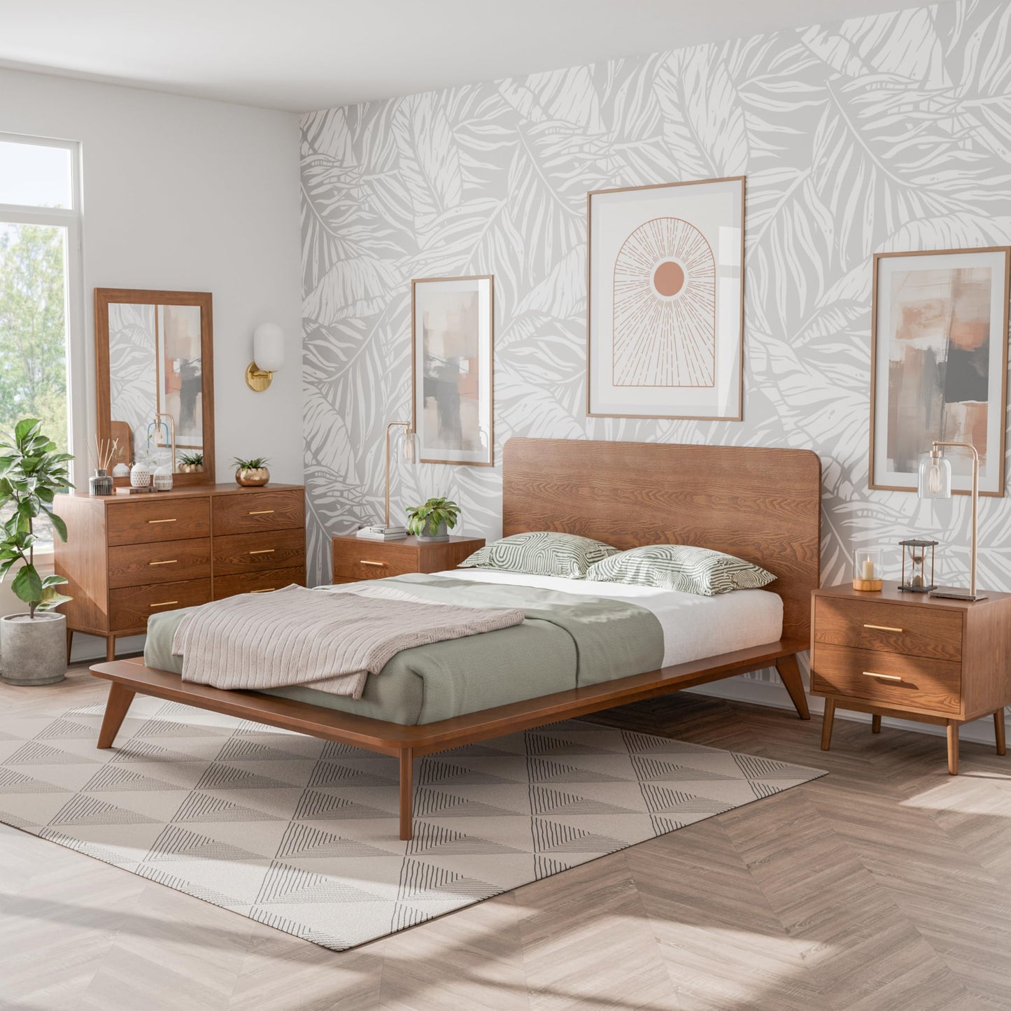 Furniture of America Wyatt Modern Solid Wood Bedroom Collection with Queen Bed Frame, Nightstands, Dresser with Mirror, No Box Spring Needed, Walnut, Standard Low Profile, 5-Piece Set