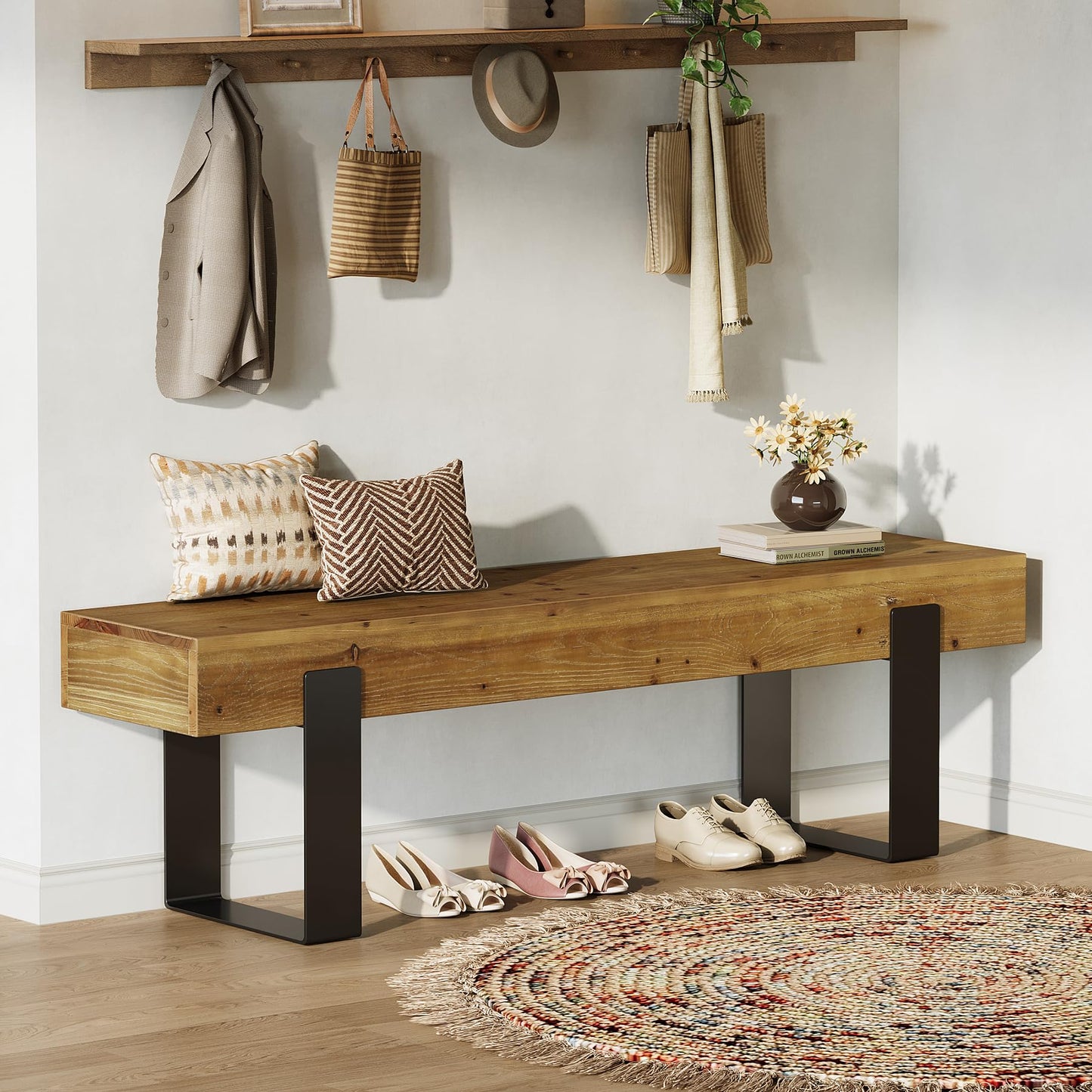 TRIBEWOOD Solid Wooden Entryway Bench, 63" Farmhouse Indoor Shoe Bench with Metal Legs, Industrial Long End of Bed Stool with Seating for Entry, Hallway, Porch, Living Room, Mudroom, Easy Assembly
