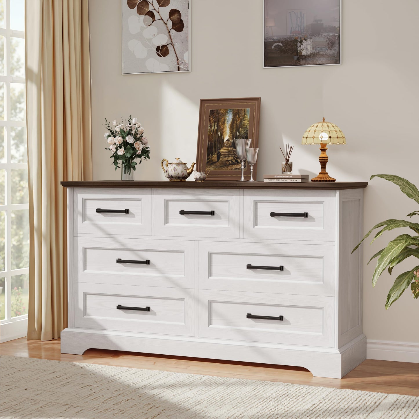 YESHOMY Dresser for Bedroom, Farmhouse 7 Drawers Dresser, Chest of Drawer Chest, Multi-Tier Clothing Storage Cabinet, White and Brown