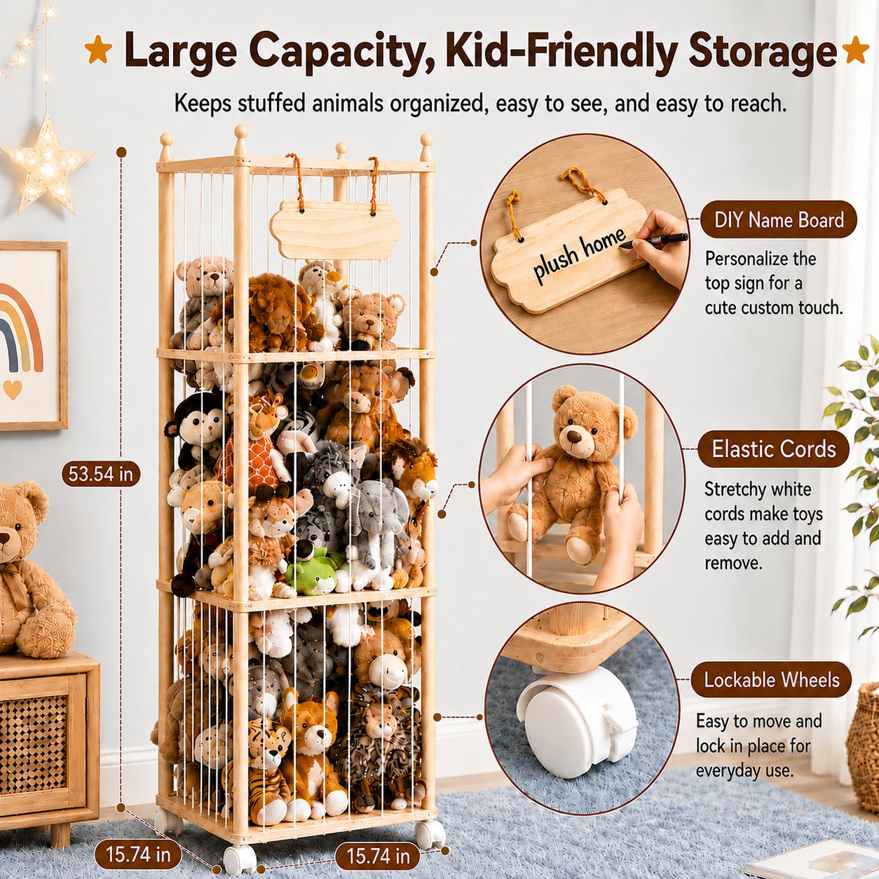 Stuffed Animal Storage - Wooden Large Organizer Holder for Kids' Room and Playroom - Plush Zoo Animals Holder with Elastic Cords & Brake Wheel for Toddler Bedroom Toy Stuff Organization