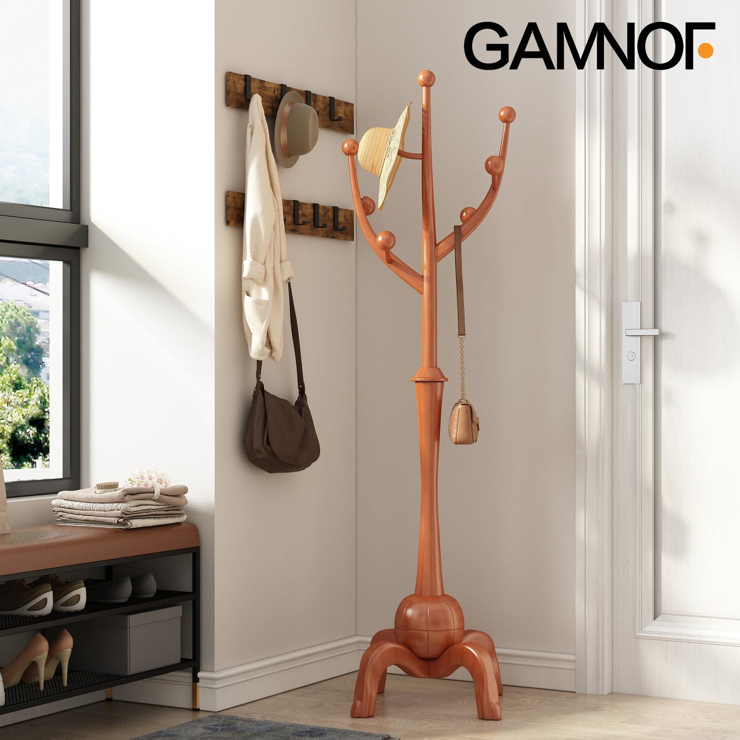 GAMNOF Wood Freestanding Coat Rack with 8 Hooks Coat Tree Standing,Brown
